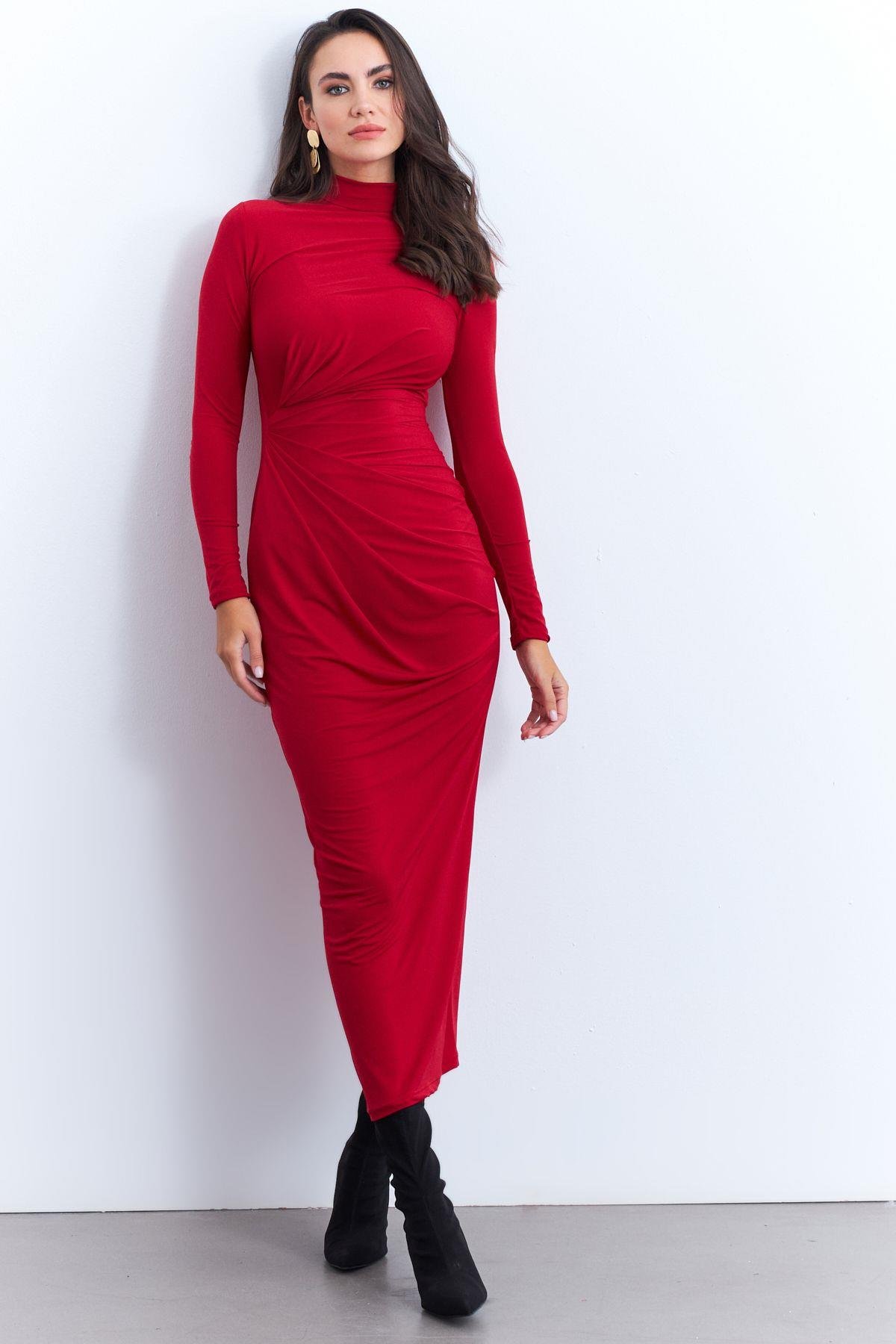 Kadın Bordo Drapeli Maxi Elbise LİK12