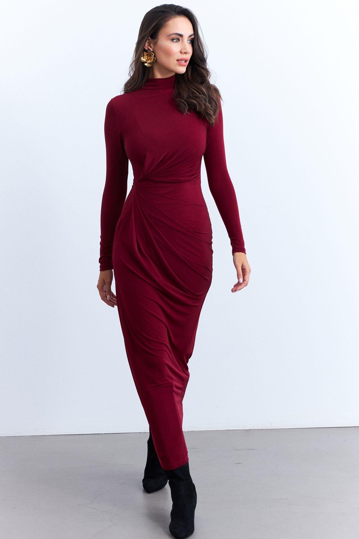 Kadın Bordo Drapeli Maxi Elbise LİK12