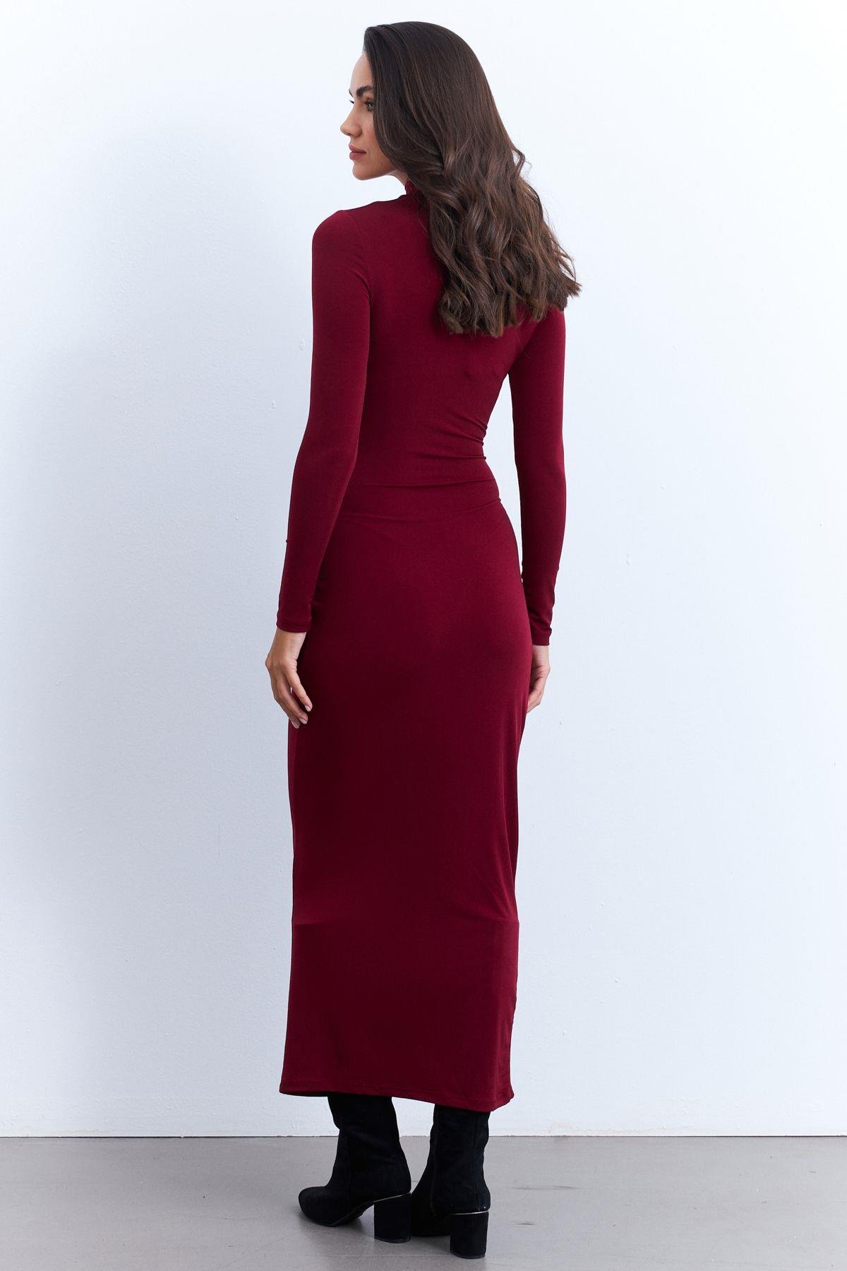 Kadın Bordo Drapeli Maxi Elbise LİK12