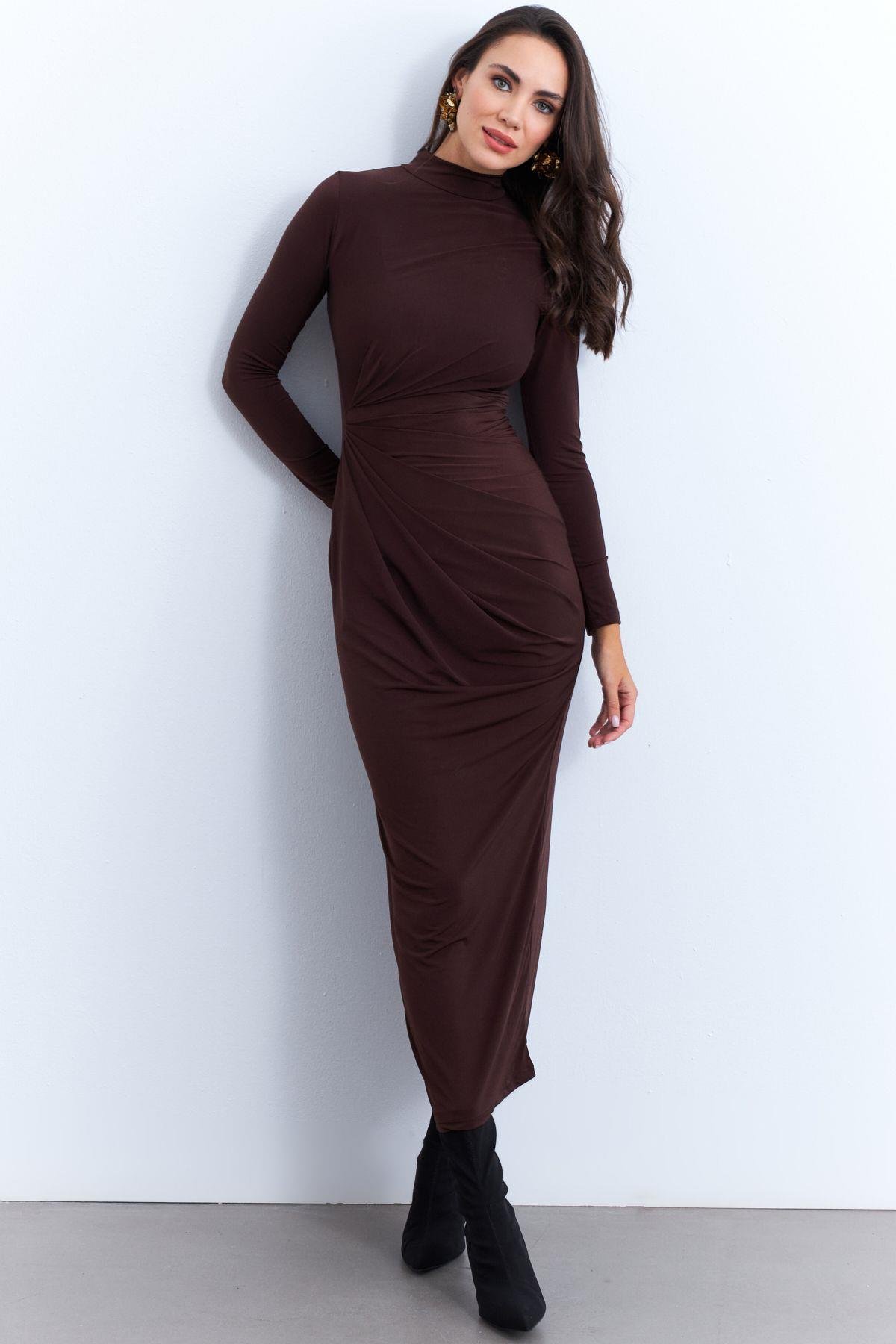 Kadın Bordo Drapeli Maxi Elbise LİK12