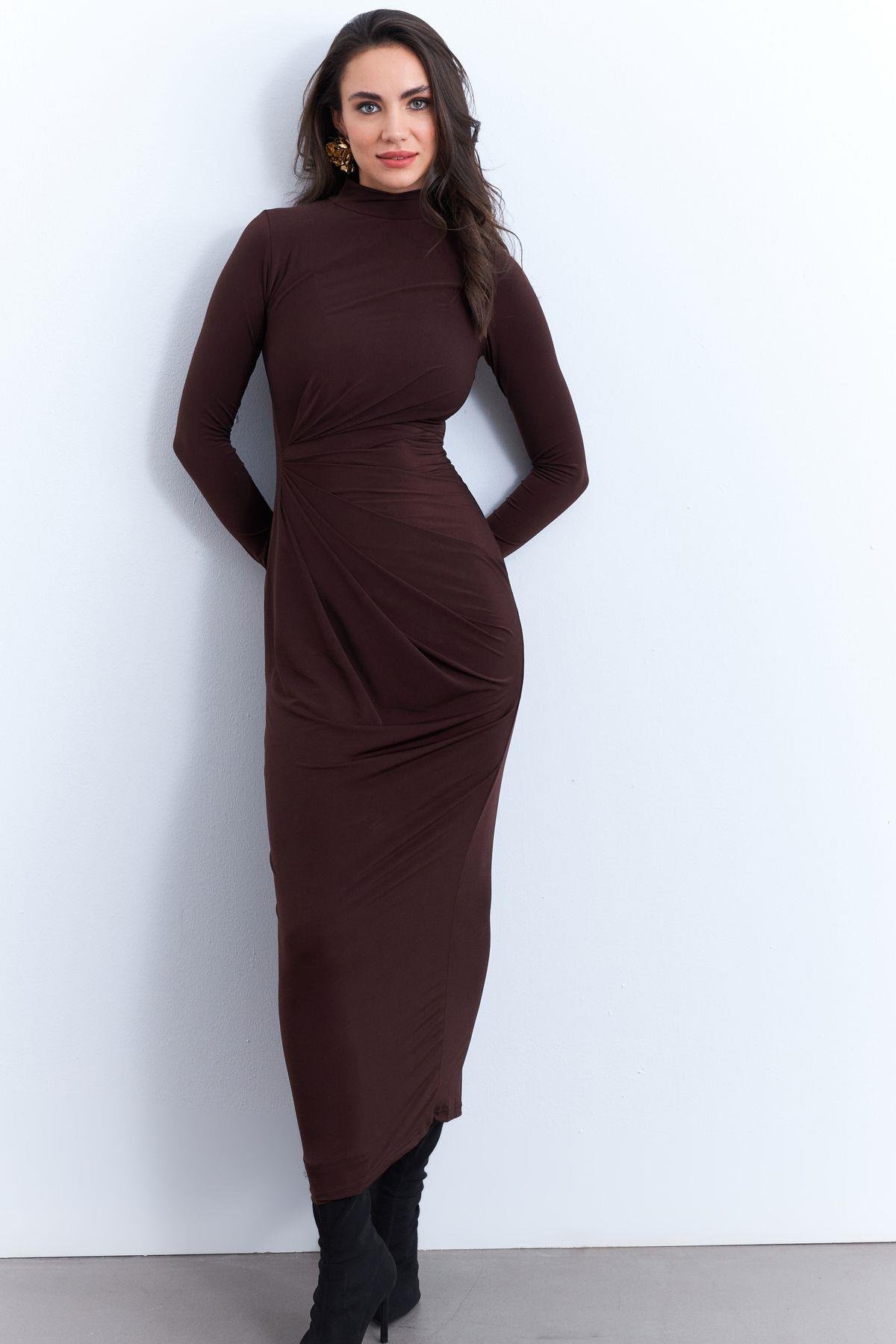Kadın Bordo Drapeli Maxi Elbise LİK12
