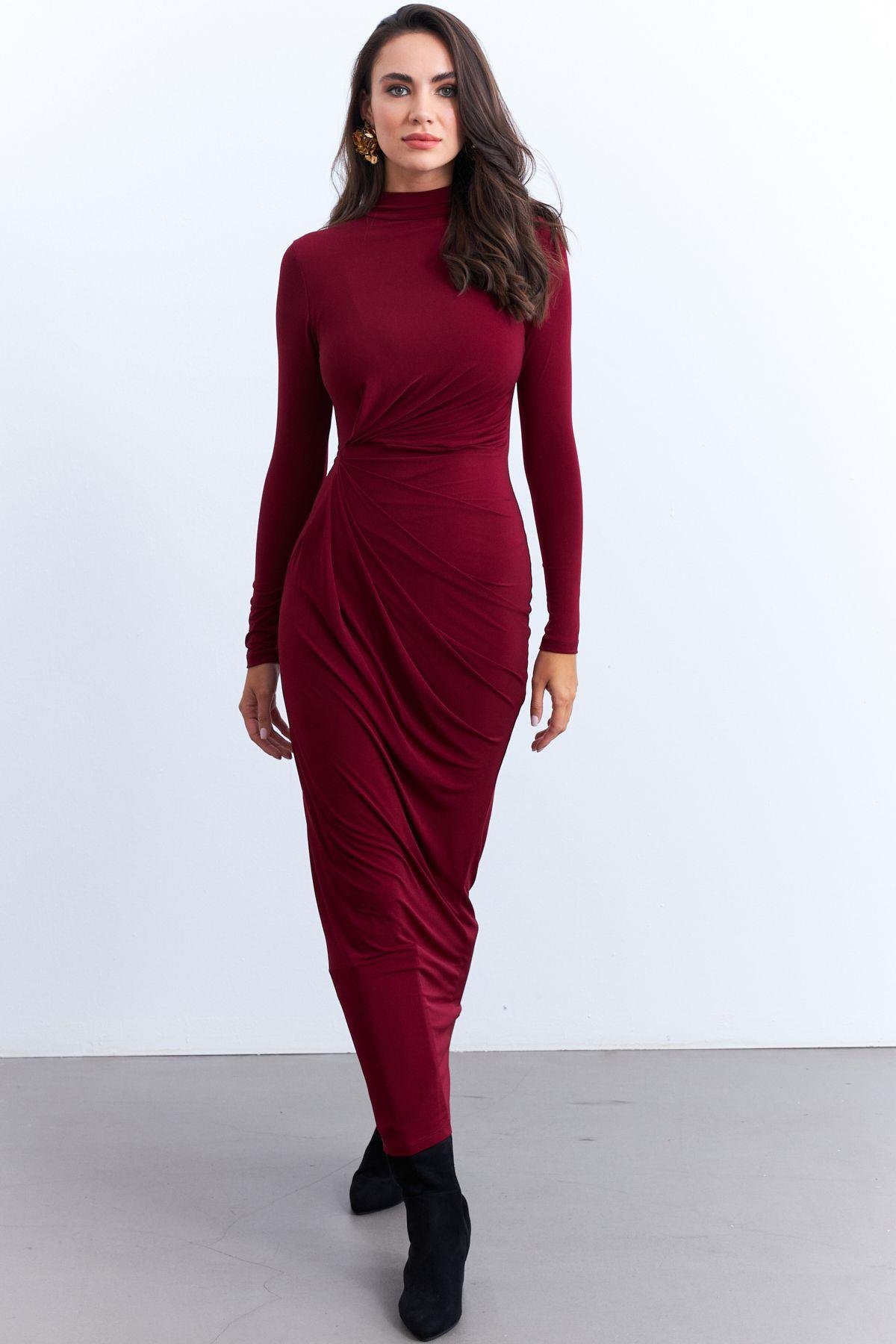Kadın Bordo Drapeli Maxi Elbise MLİK12