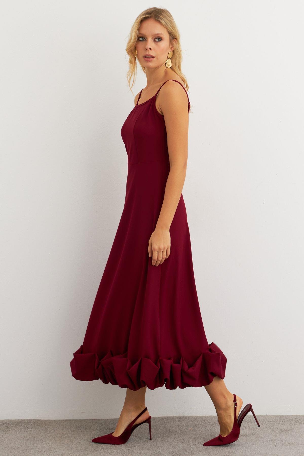 Kadın Bordo Eteği Fırfırlı Şık Maxi Elbise FRY2266