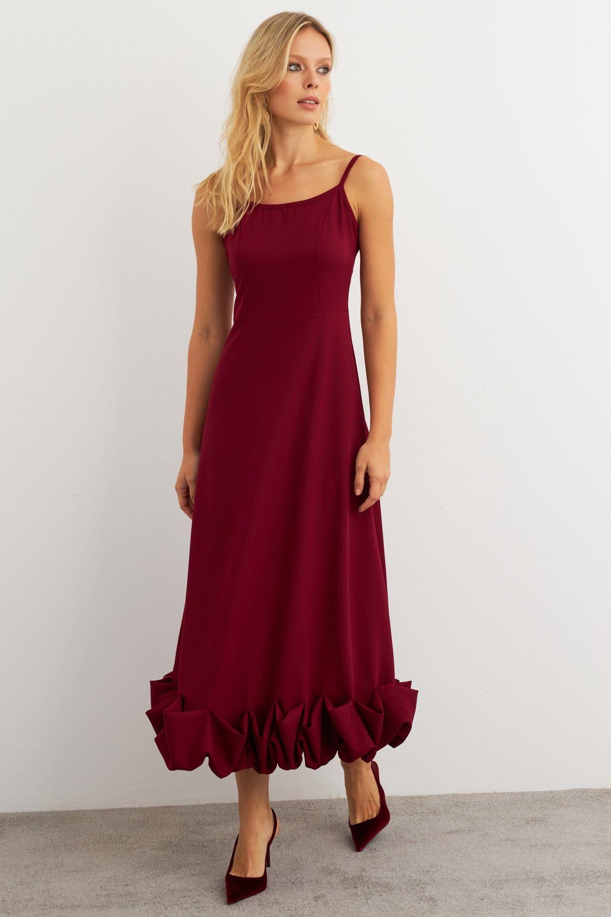 Kadın Bordo Eteği Fırfırlı Şık Maxi Elbise FRY2266