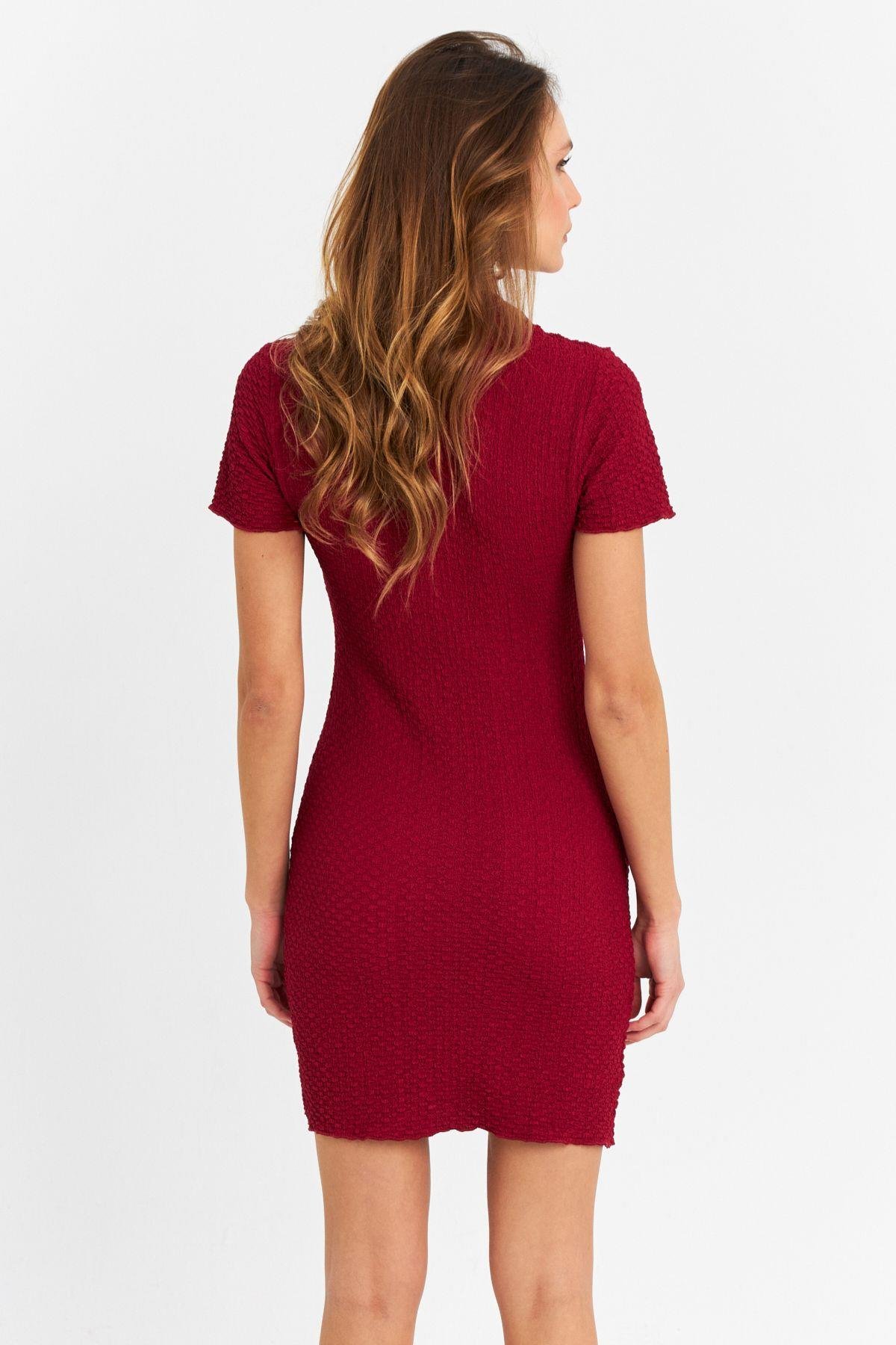 Kadın Bordo Fermuarlı Mini Elbise MOD2441