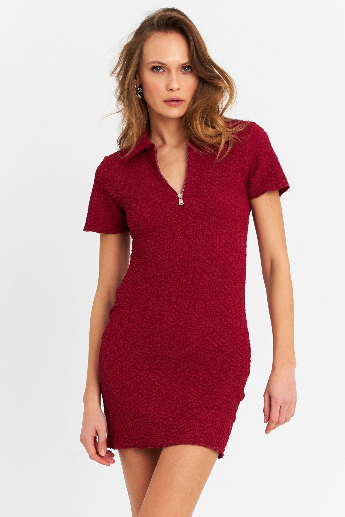 Kadın Bordo Fermuarlı Mini Elbise MOD2441