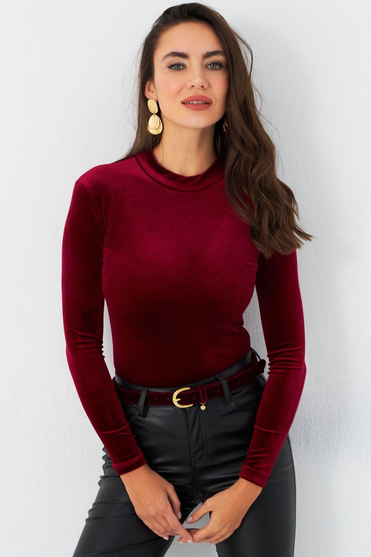 Kadın Bordo Kadife Bluz LPP1240