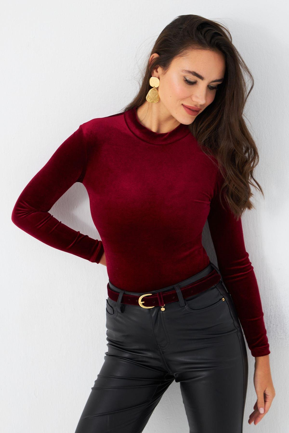 Kadın Bordo Kadife Bluz LPP1240