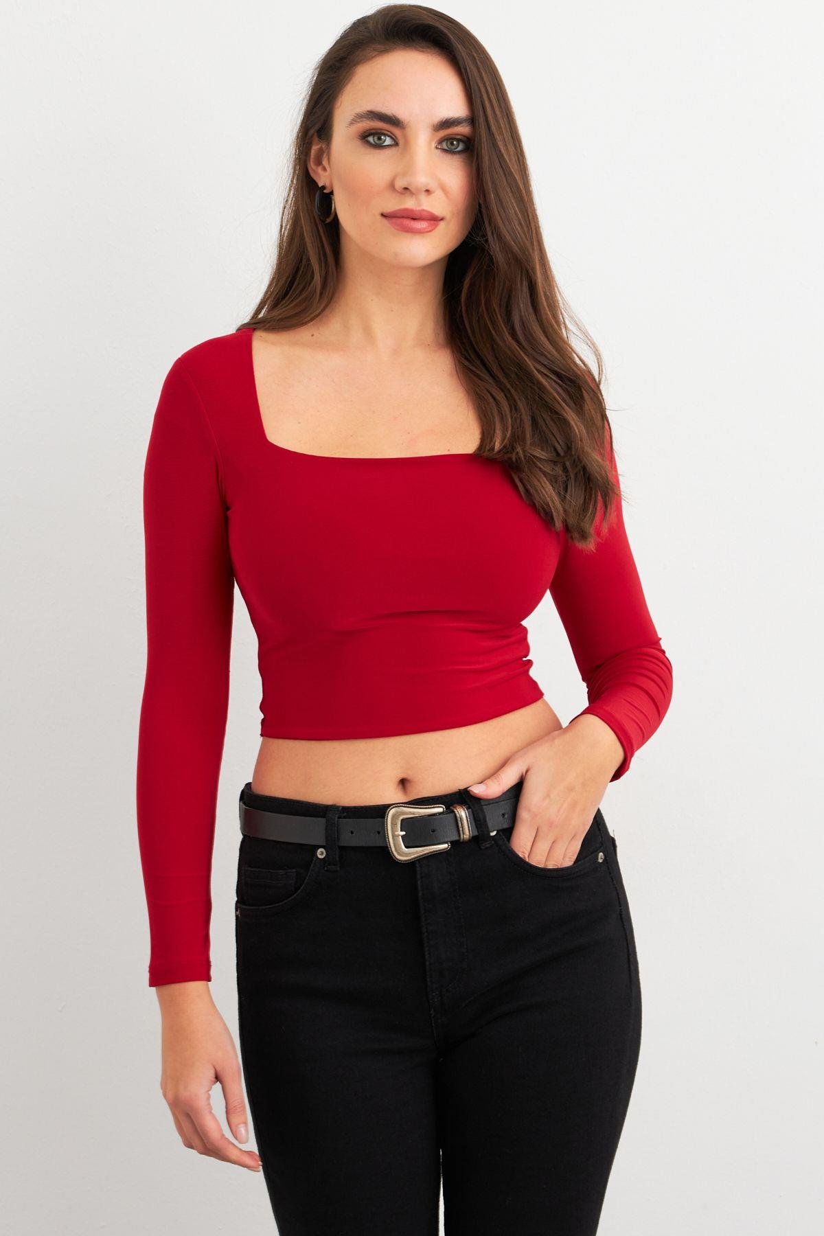 Kadın Bordo Kare Yaka Crop Bluz ELT2586