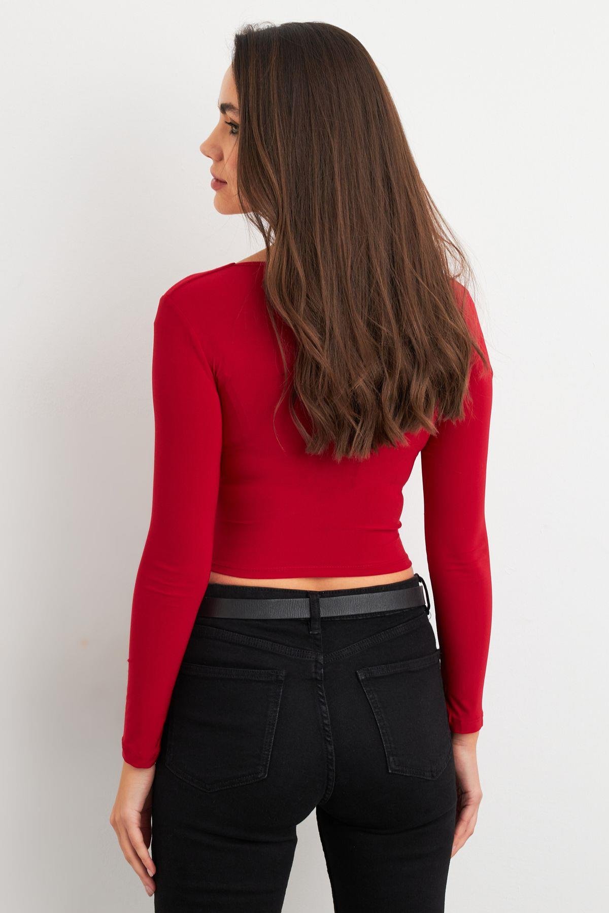 Kadın Bordo Kare Yaka Crop Bluz ELT2586
