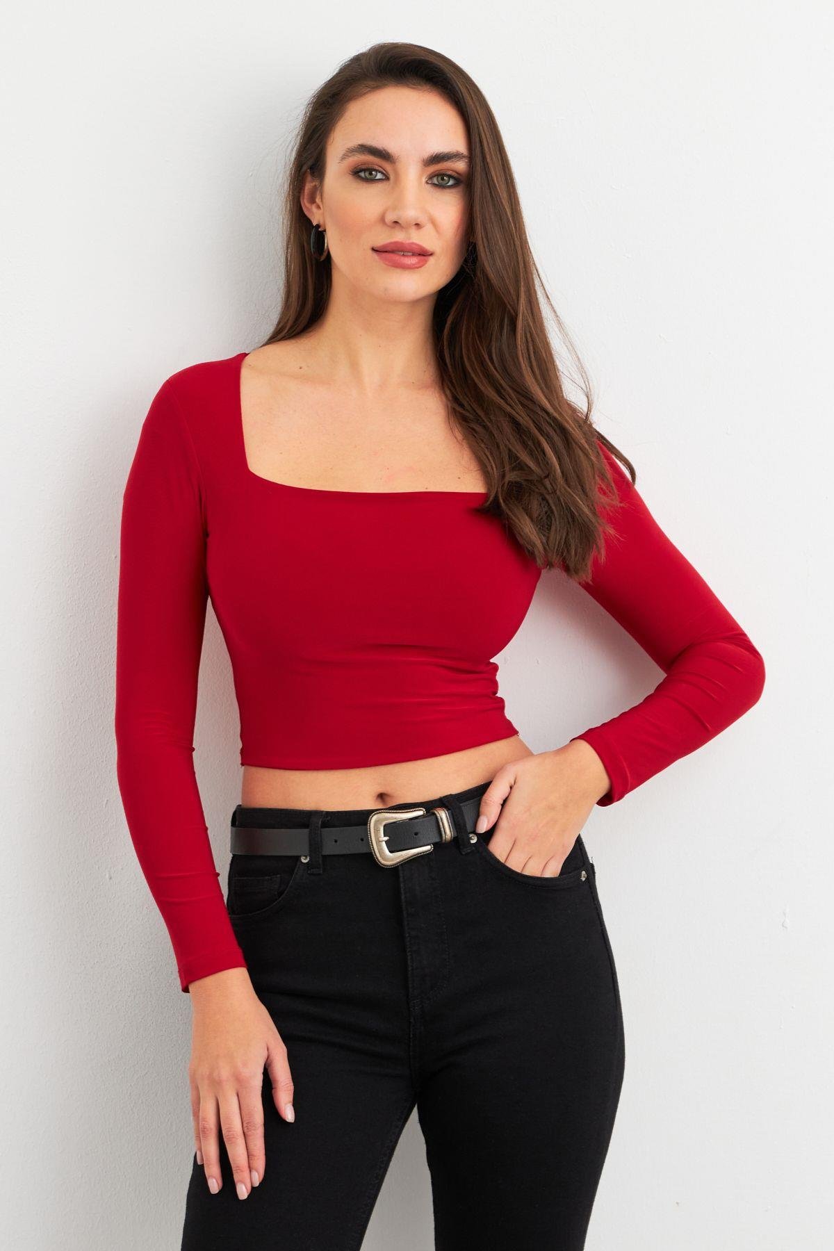 Kadın Bordo Kare Yaka Crop Bluz ELT2586