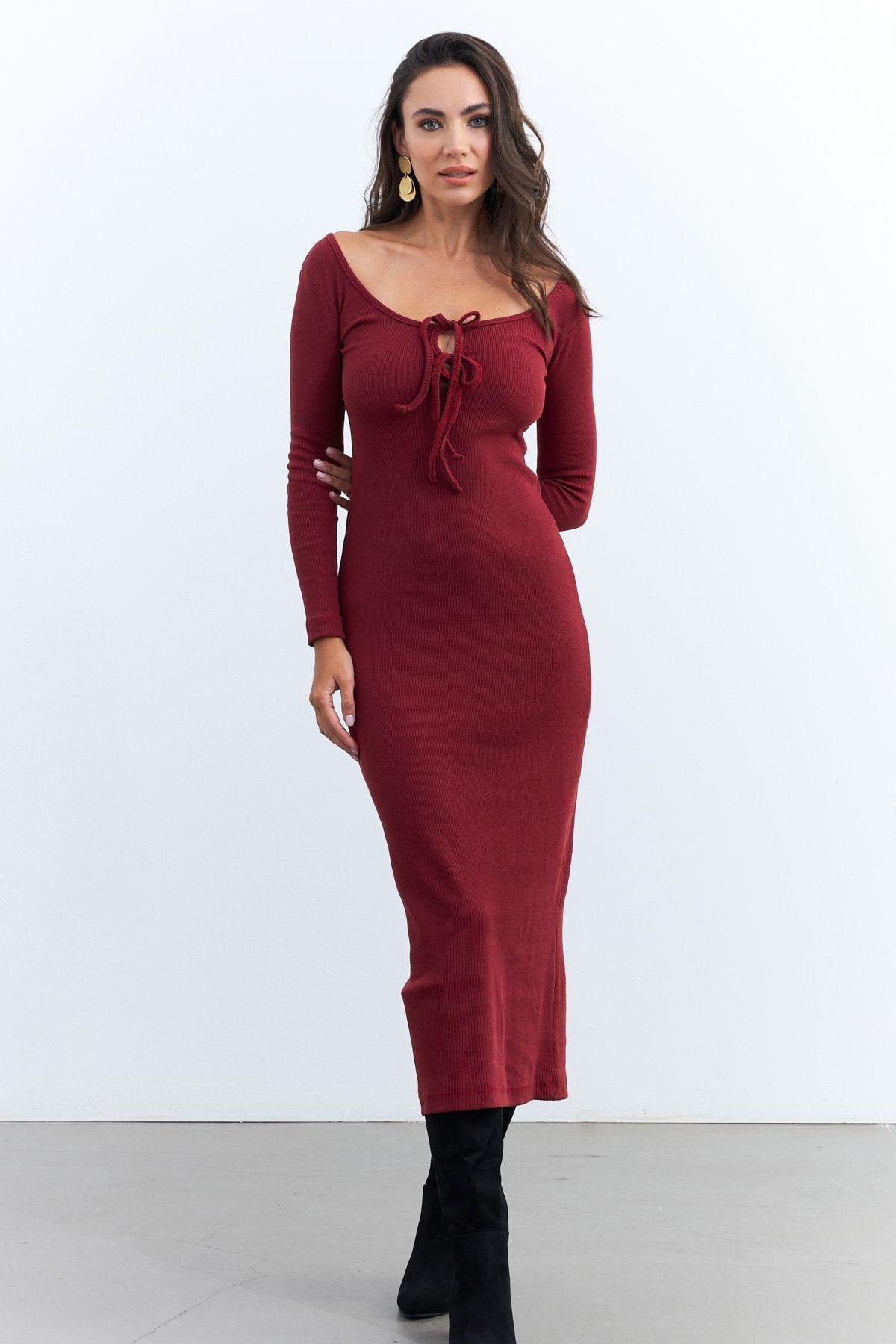 Kadın Bordo Kaşkorse Maxi Elbise EY1513