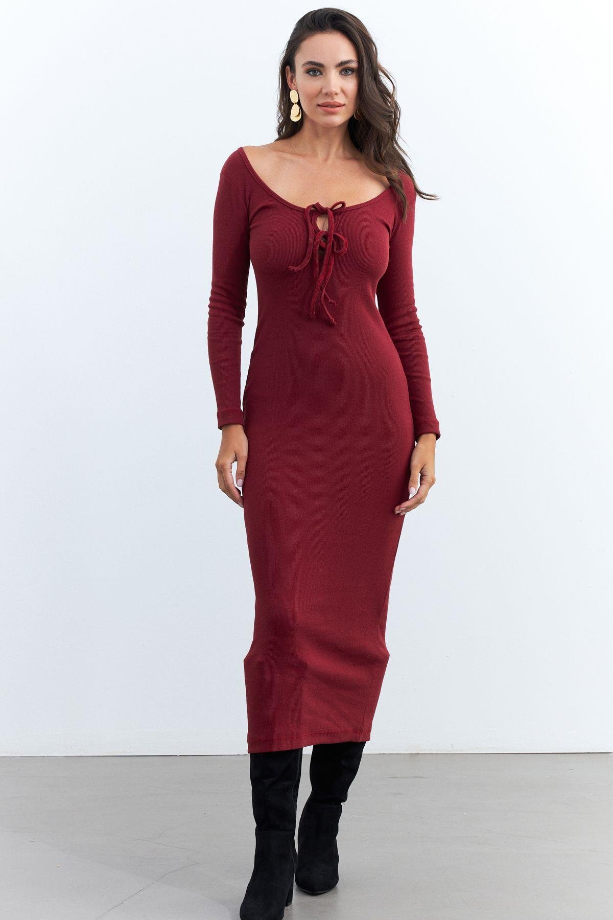 Kadın Bordo Kaşkorse Maxi Elbise EY1513