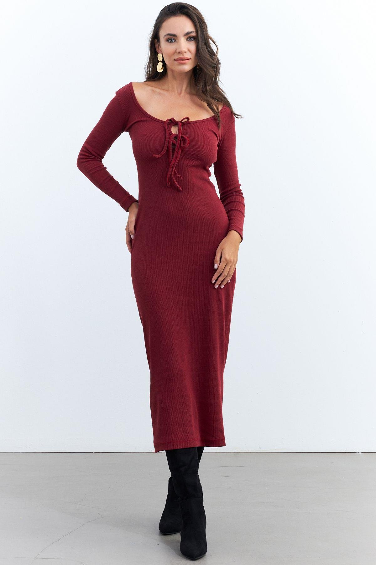 Kadın Bordo Kaşkorse Maxi Elbise EY1513