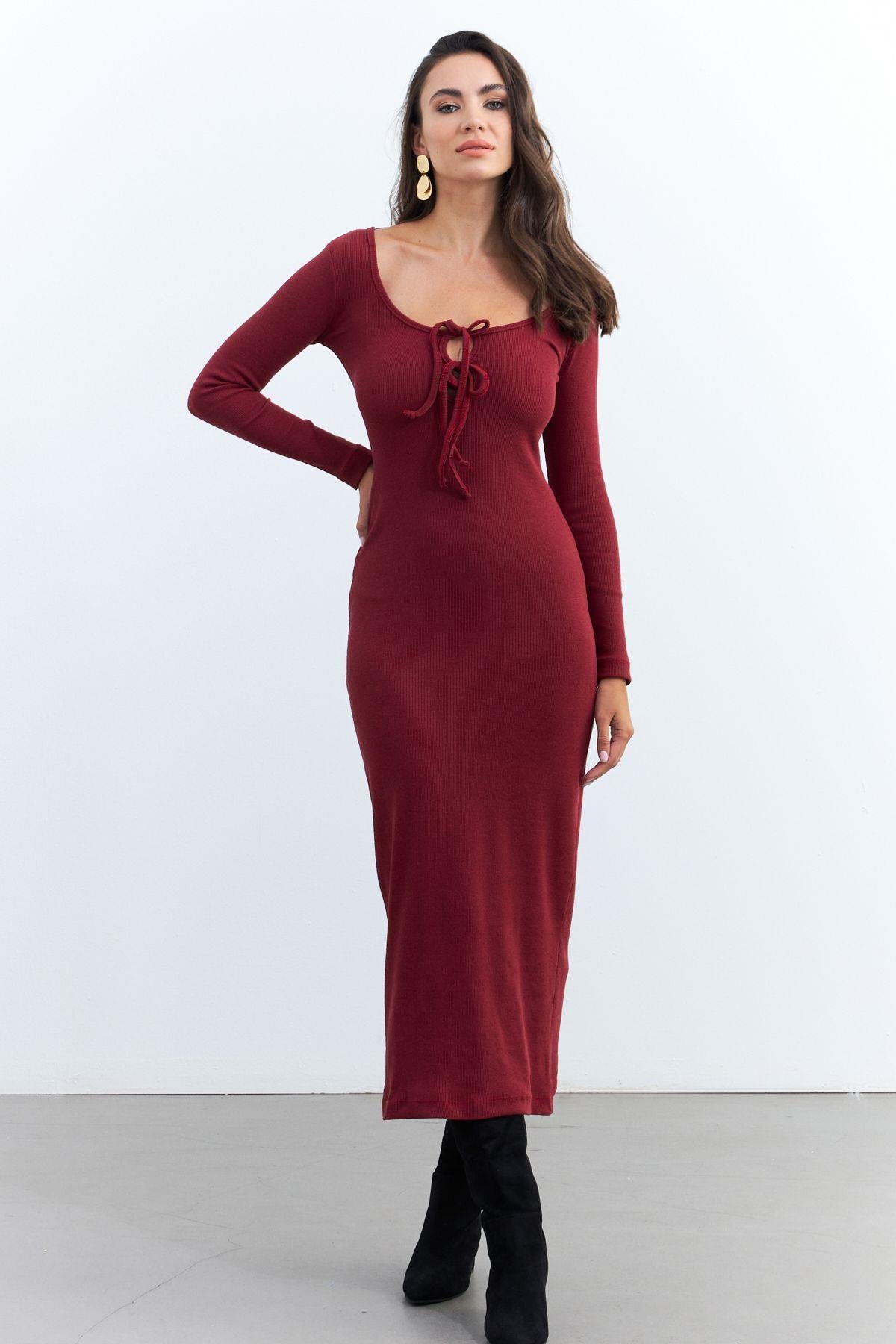 Kadın Bordo Kaşkorse Maxi Elbise EY1513