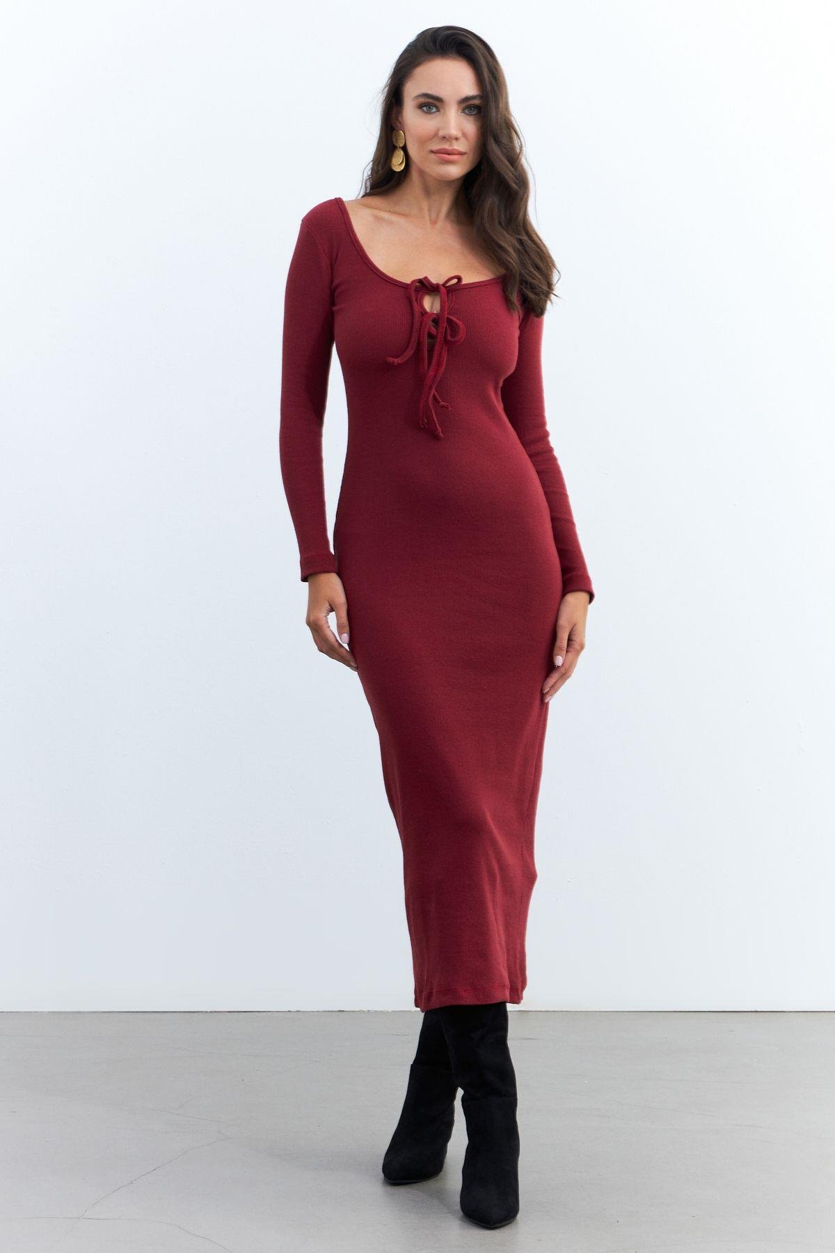 Kadın Bordo Kaşkorse Maxi Elbise EY1513