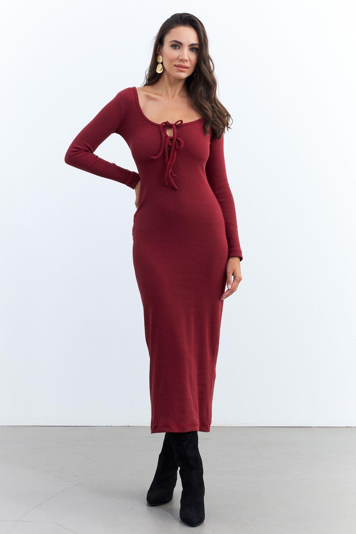 Kadın Bordo Kaşkorse Maxi Elbise EY1513