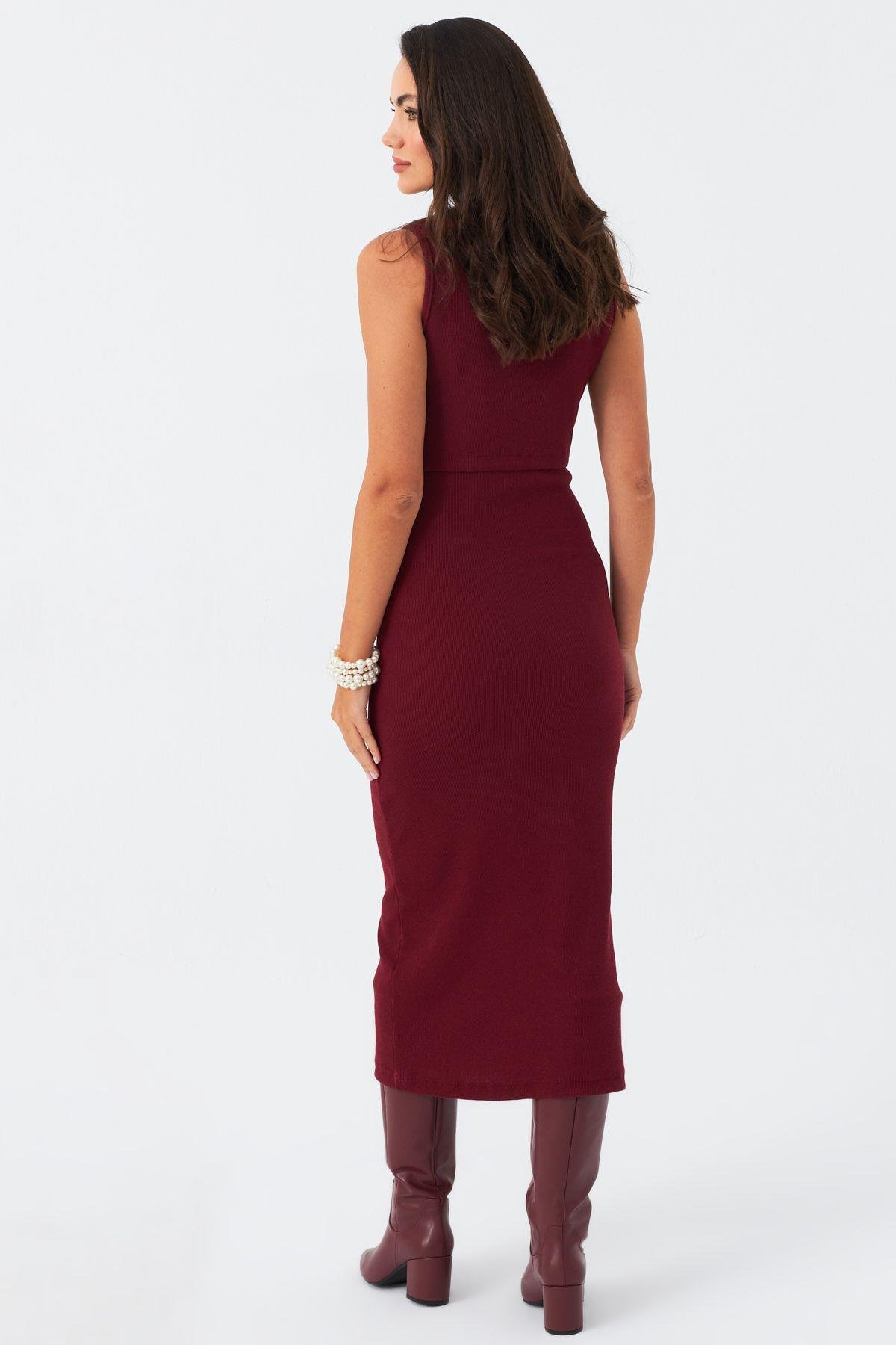 Kadın Bordo Kaşkorse Maxi Elbise EY2924