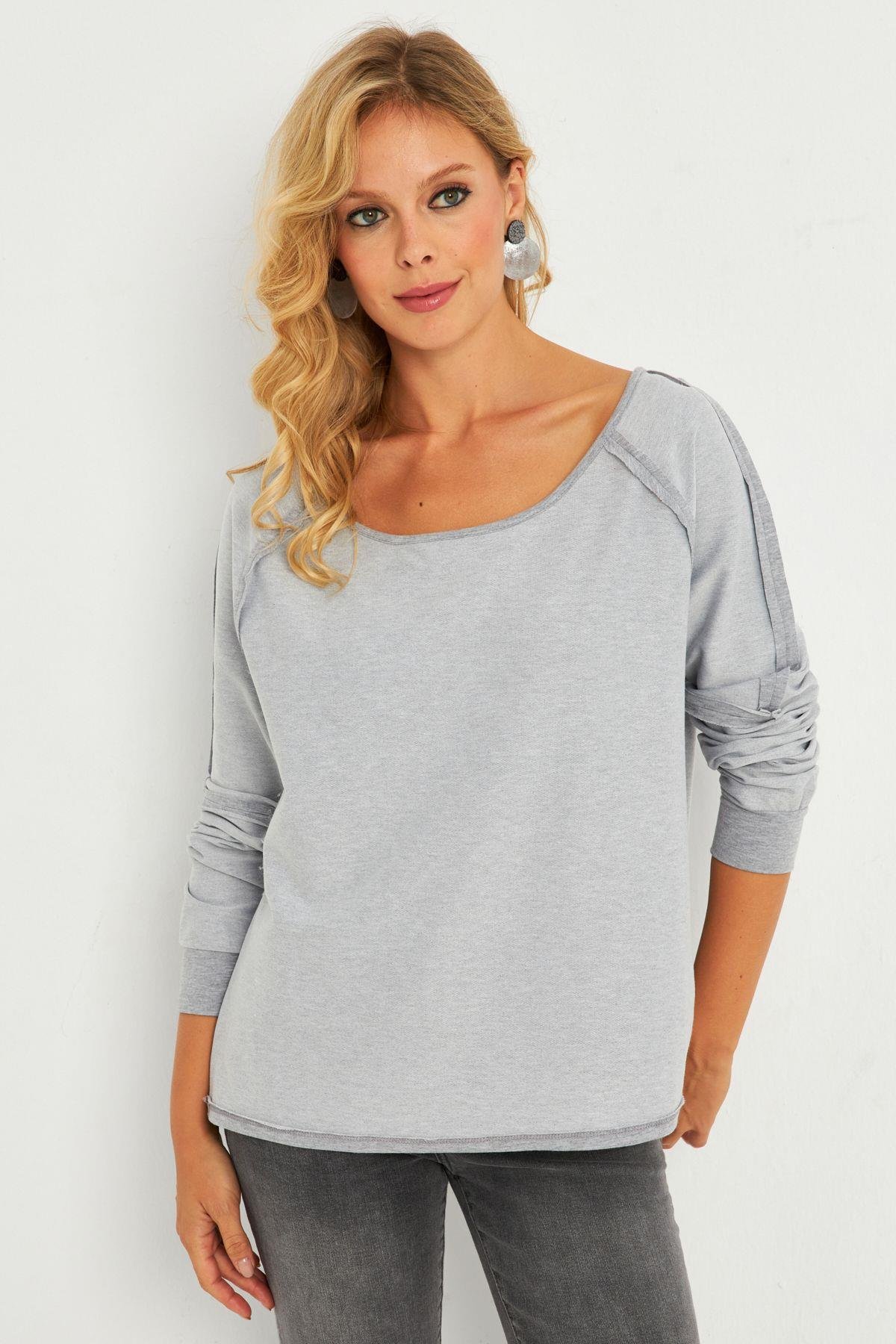Kadın Bordo Kayık Yaka Ters Dikişli Sweatshirt TF10