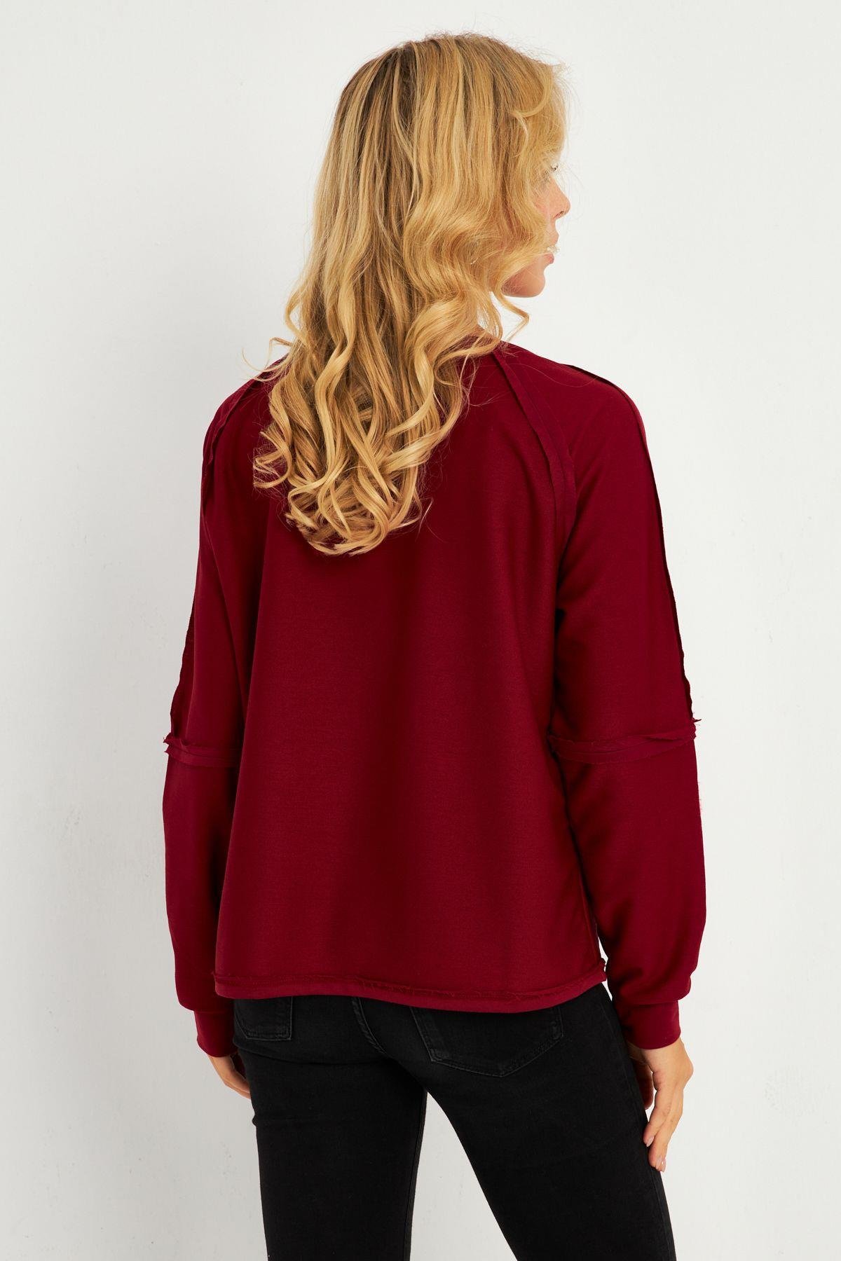 Kadın Bordo Kayık Yaka Ters Dikişli Sweatshirt TF10