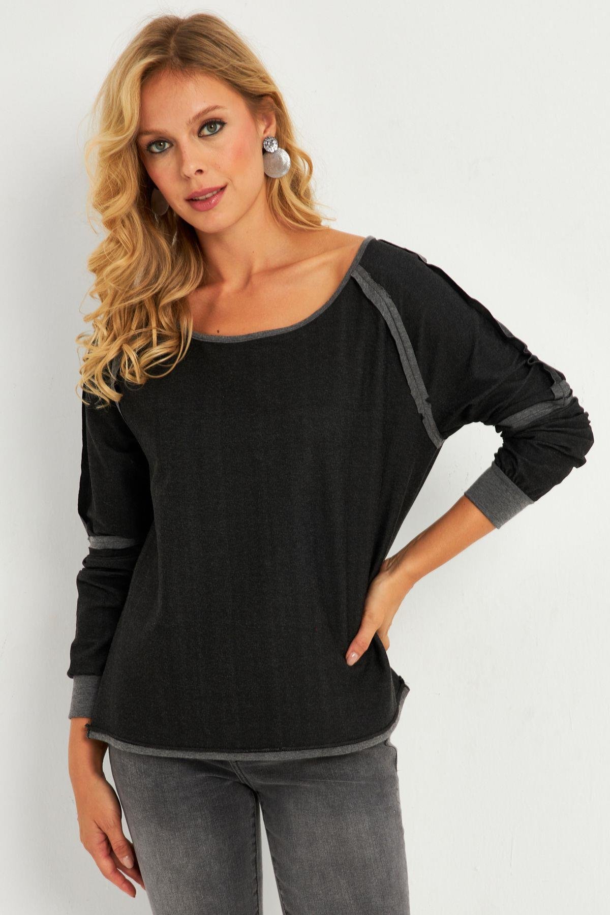 Kadın Bordo Kayık Yaka Ters Dikişli Sweatshirt TF10
