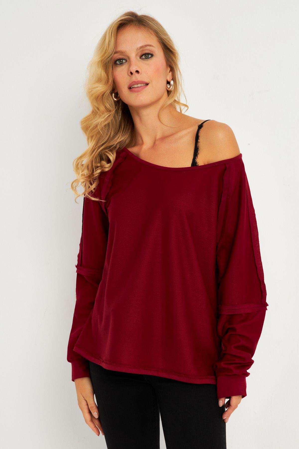 Kadın Bordo Kayık Yaka Ters Dikişli Sweatshirt TF10