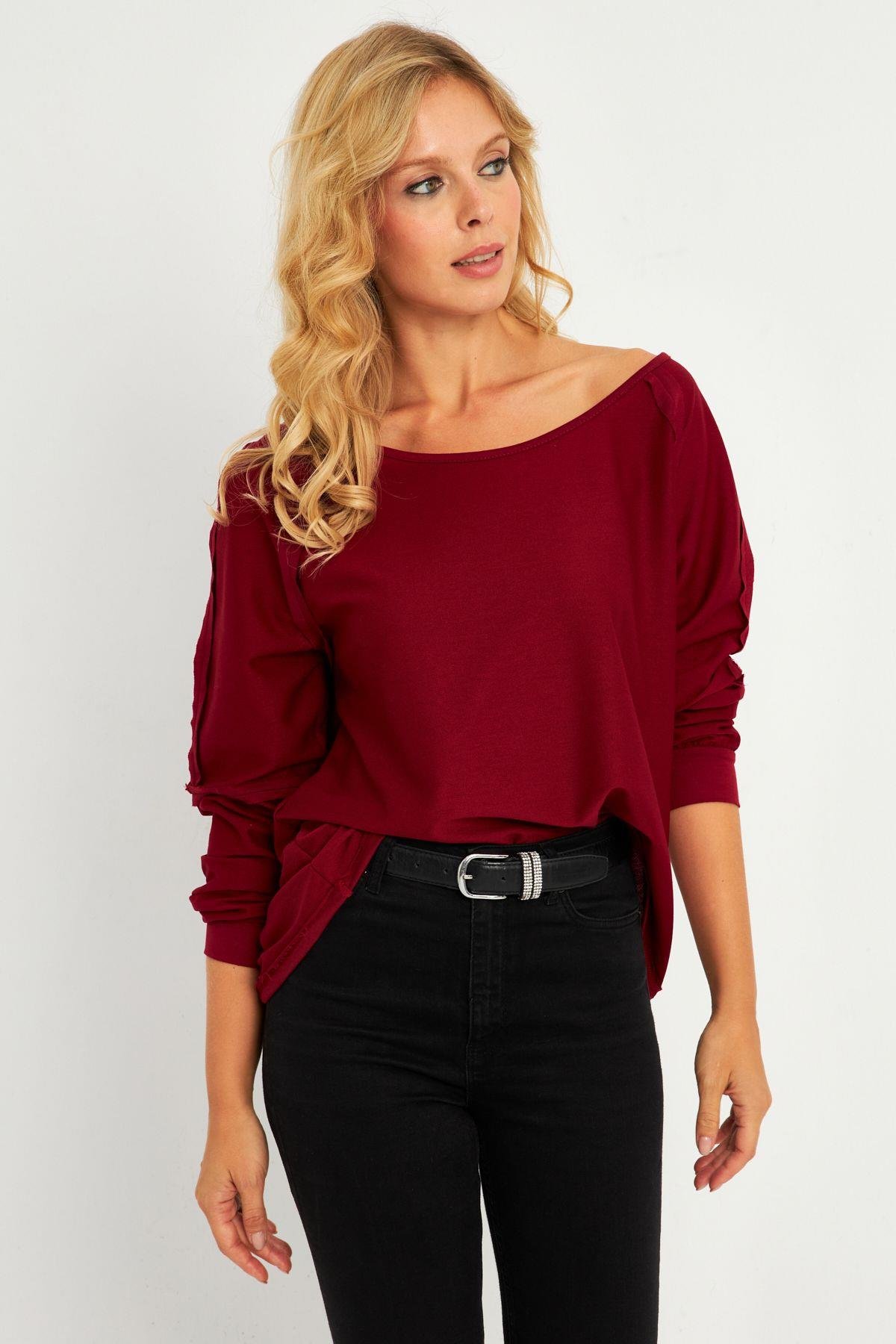 Kadın Bordo Kayık Yaka Ters Dikişli Sweatshirt TF10