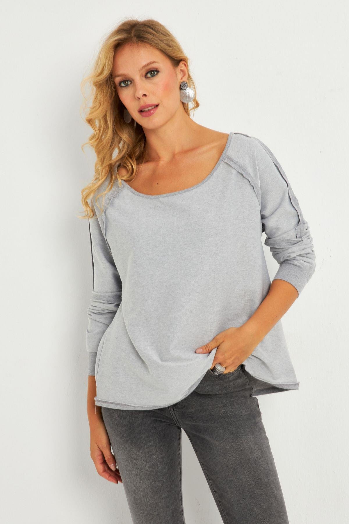 Kadın Bordo Kayık Yaka Ters Dikişli Sweatshirt TF10