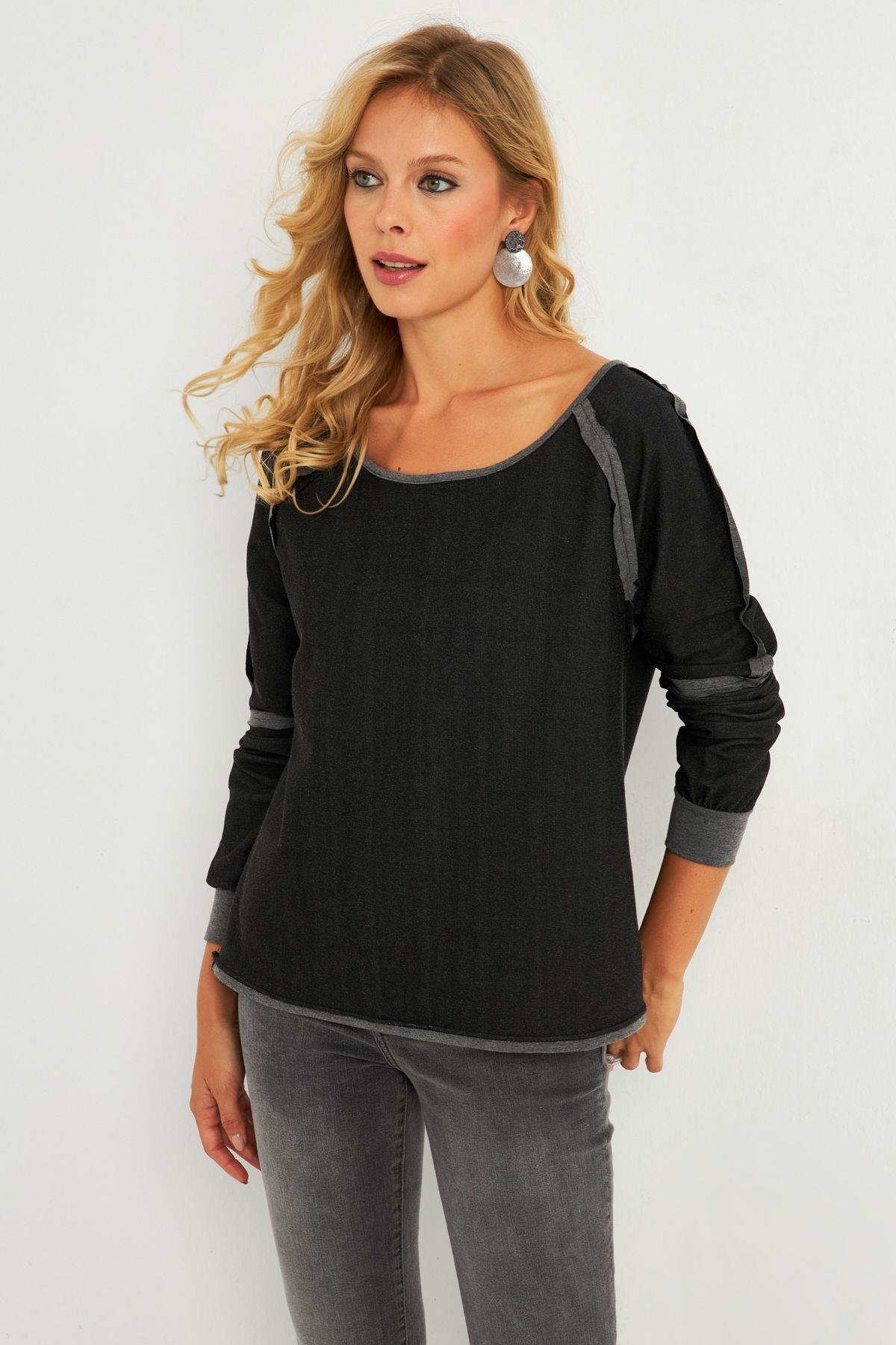 Kadın Bordo Kayık Yaka Ters Dikişli Sweatshirt TF10