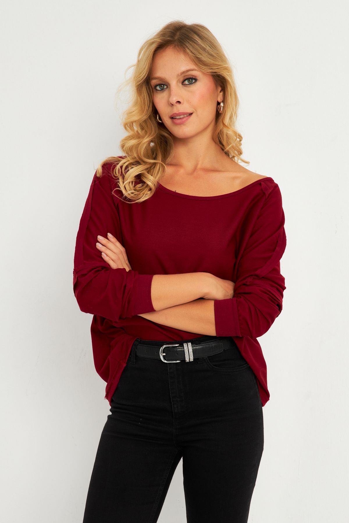 Kadın Bordo Kayık Yaka Ters Dikişli Sweatshirt TF10