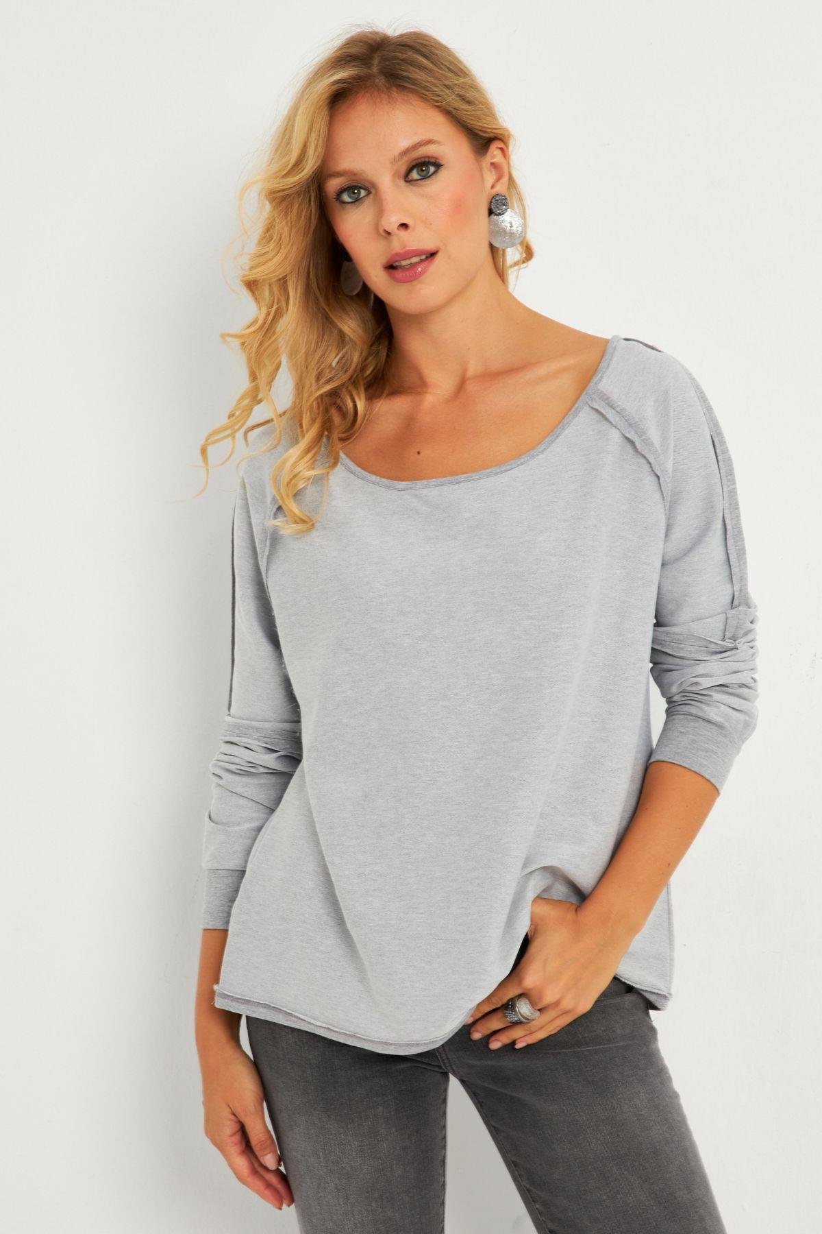 Kadın Bordo Kayık Yaka Ters Dikişli Sweatshirt TF10