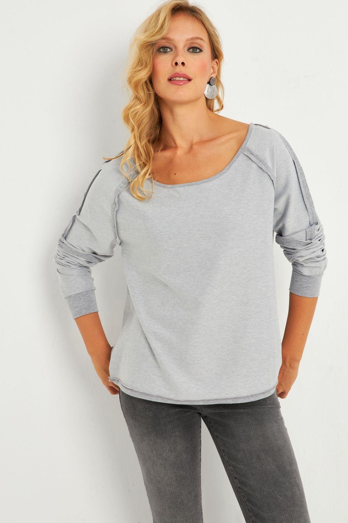 Kadın Bordo Kayık Yaka Ters Dikişli Sweatshirt TF10