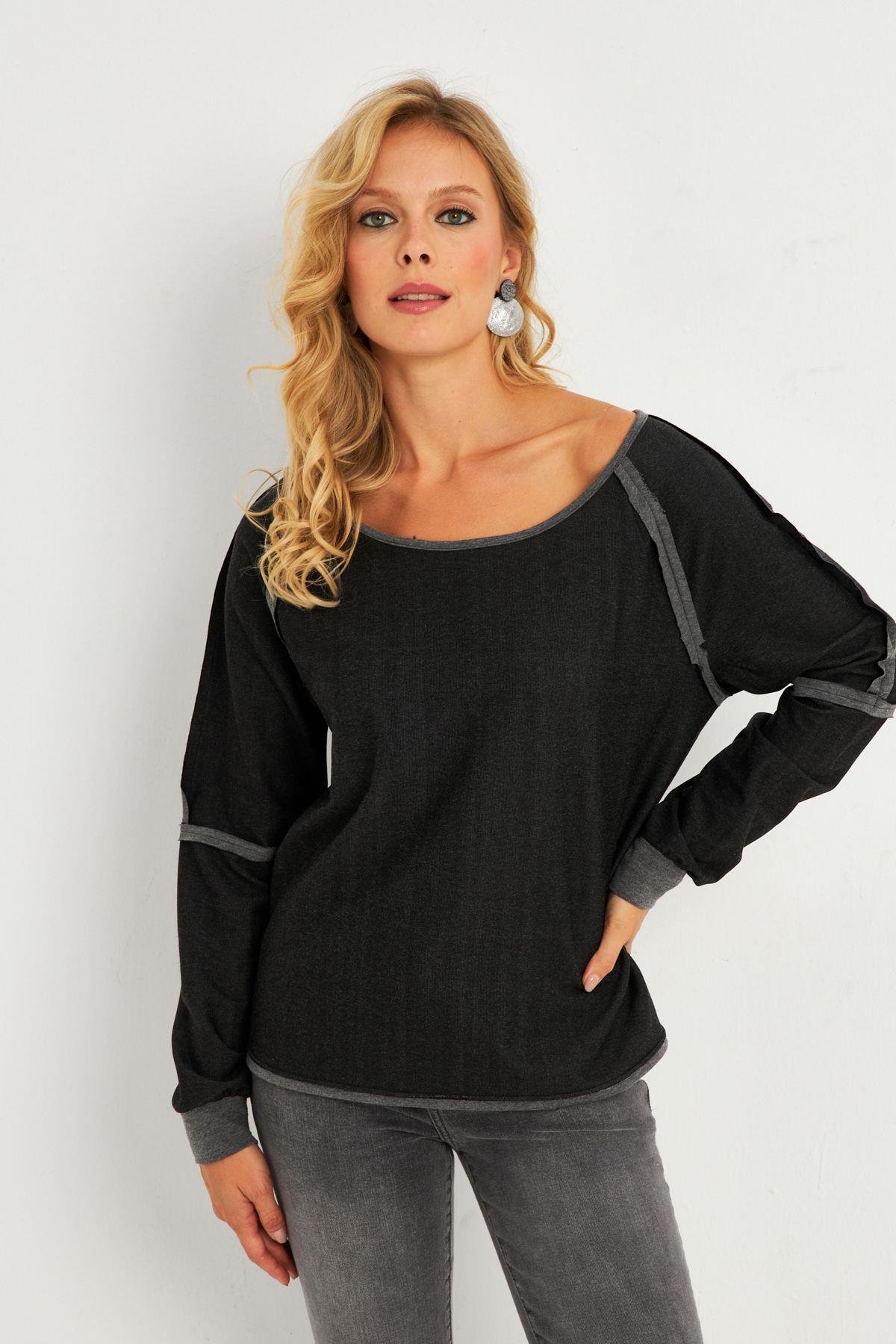 Kadın Bordo Kayık Yaka Ters Dikişli Sweatshirt TF10