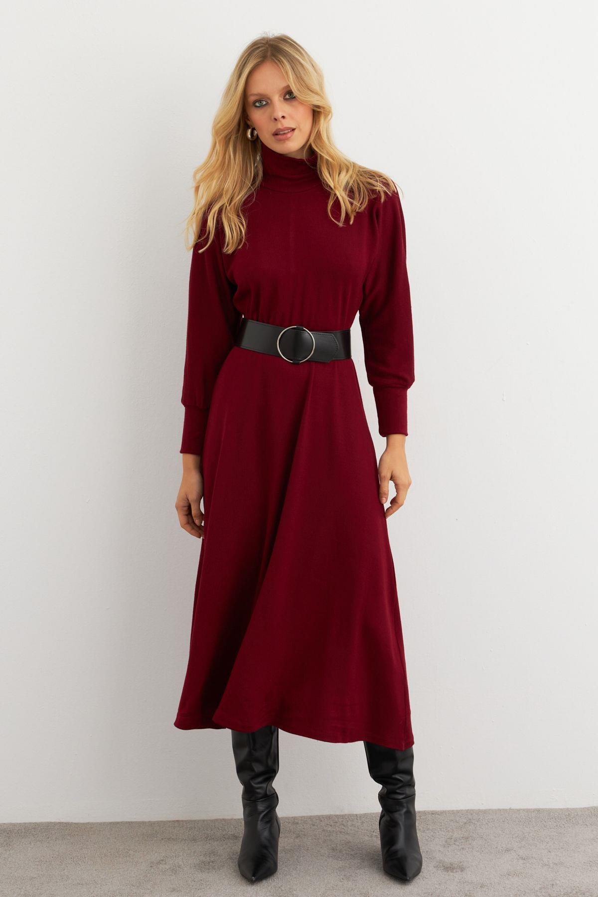 Kadın Bordo Kemerli Balıkçı Yaka Elbise MKSD992