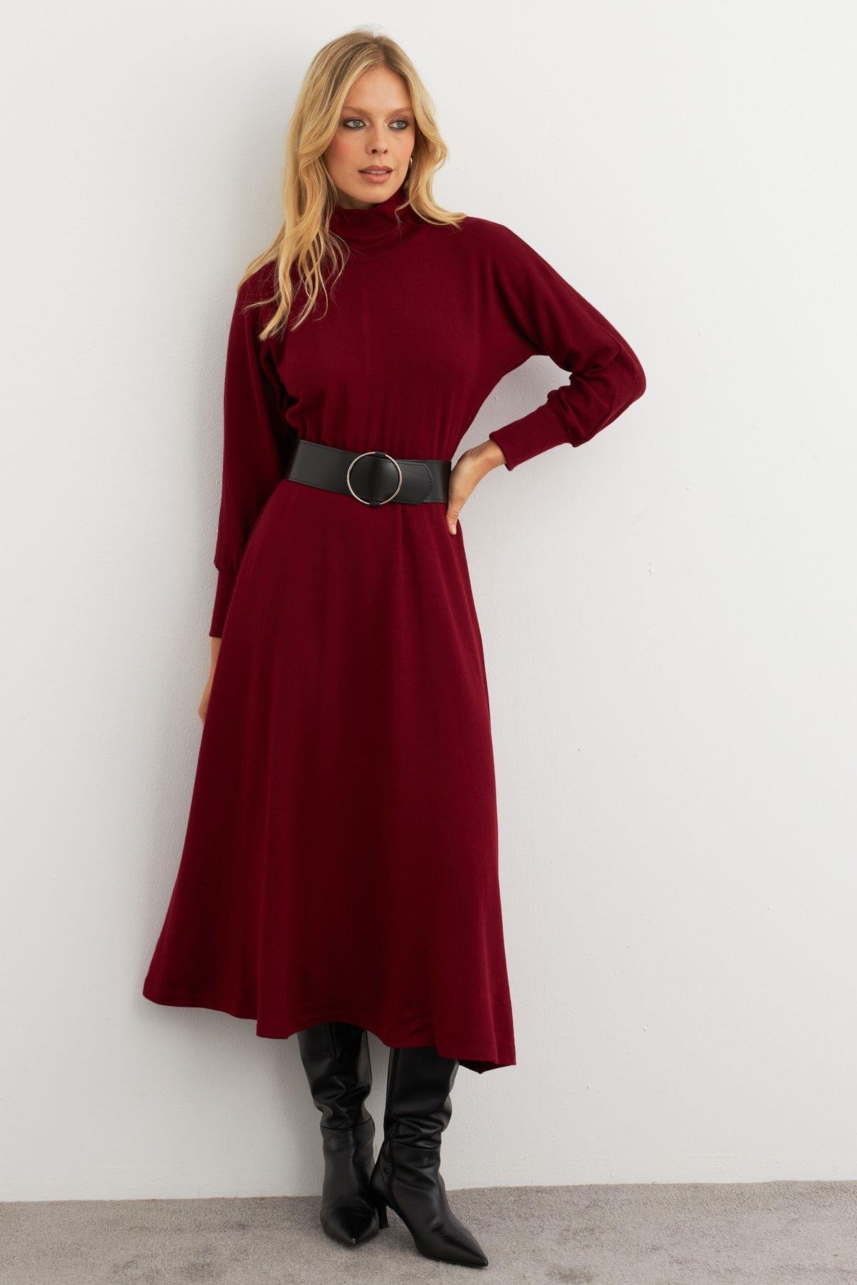 Kadın Bordo Kemerli Balıkçı Yaka Elbise MKSD992