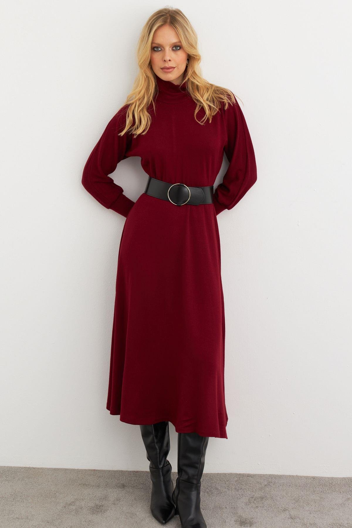 Kadın Bordo Kemerli Balıkçı Yaka Elbise MKSD992