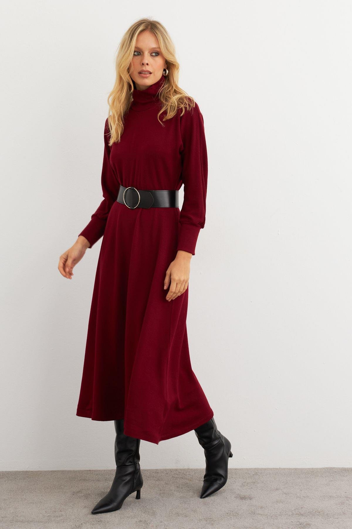 Kadın Bordo Kemerli Balıkçı Yaka Elbise MKSD992