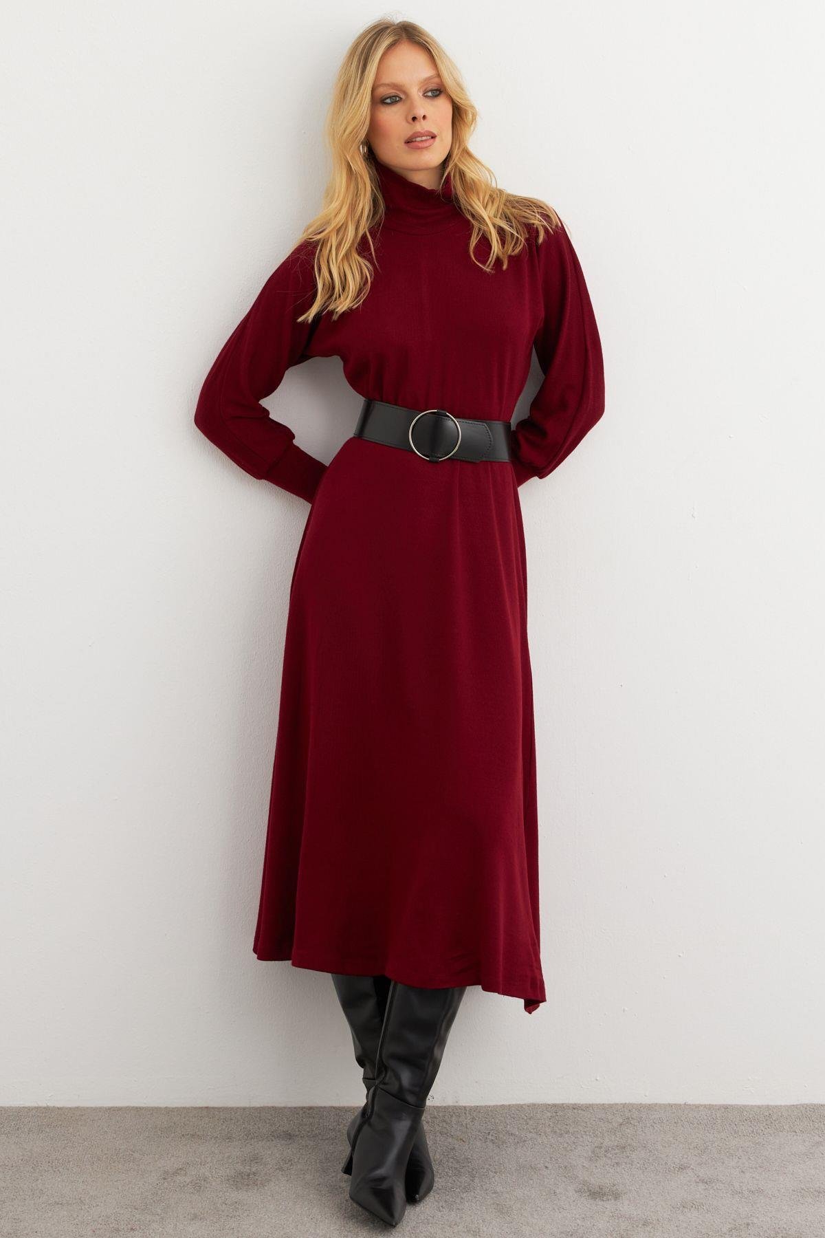 Kadın Bordo Kemerli Balıkçı Yaka Elbise MKSD992