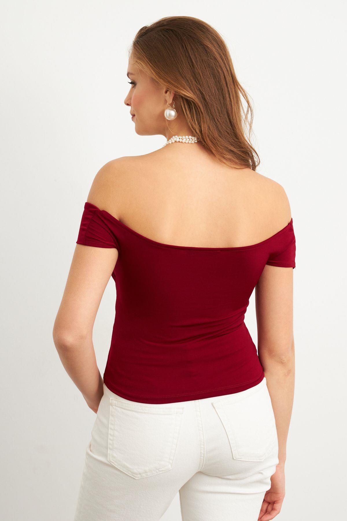 Kadın Bordo Madonna Yaka Crop Bluz VA101