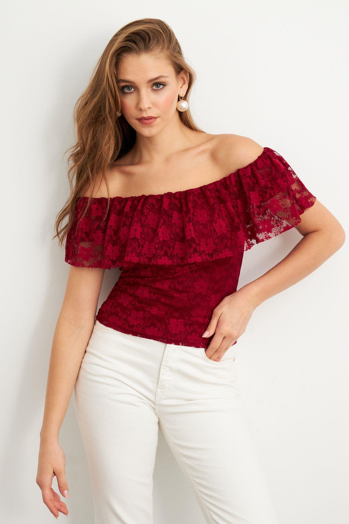 Kadın Bordo Madonna Yaka Dantel Bluz MTK13549