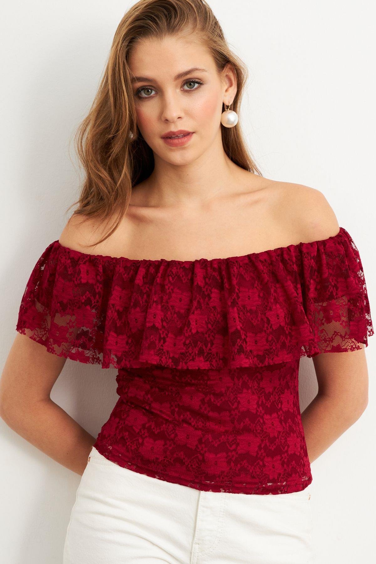 Kadın Bordo Madonna Yaka Dantel Bluz MTK13549
