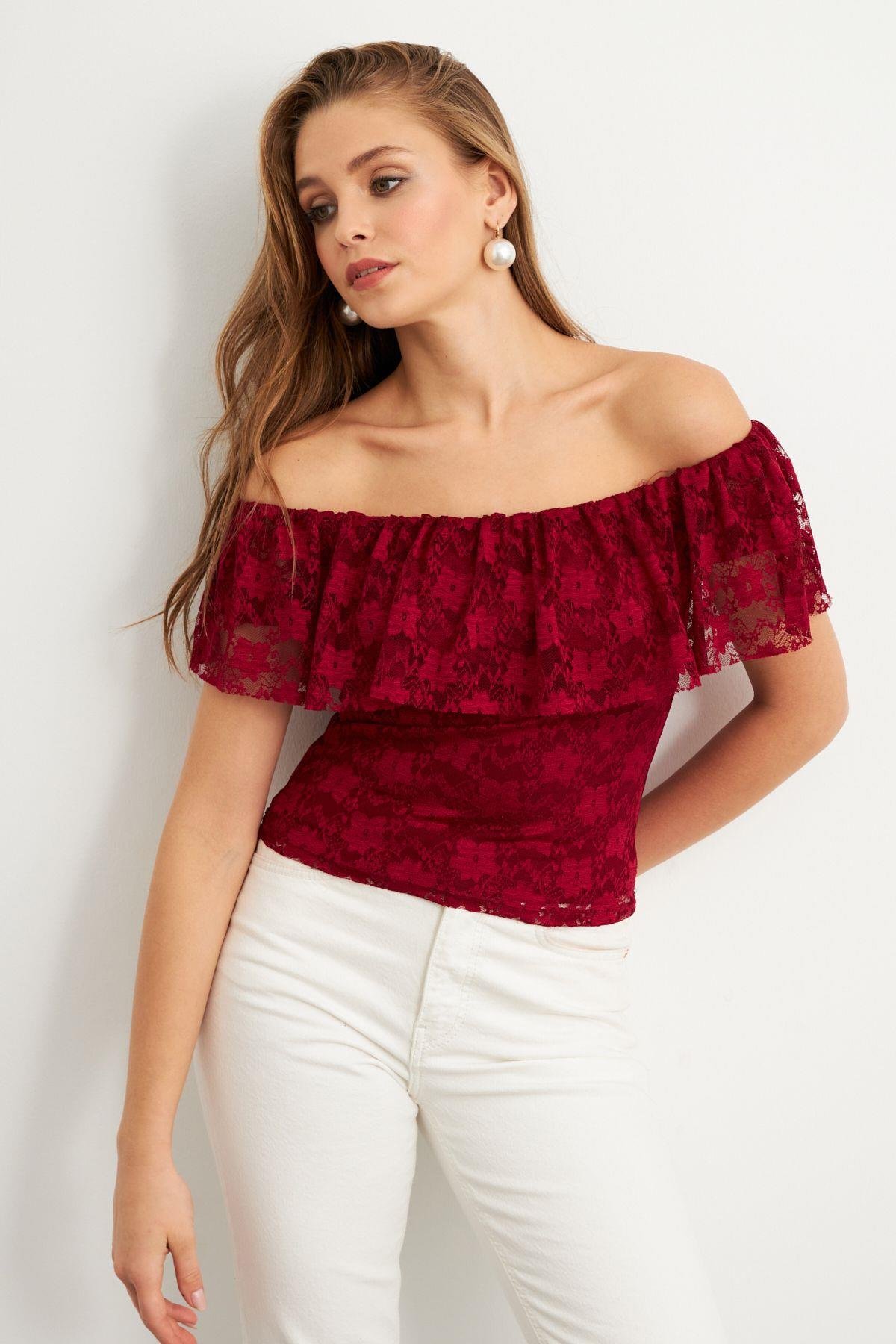 Kadın Bordo Madonna Yaka Dantel Bluz MTK13549
