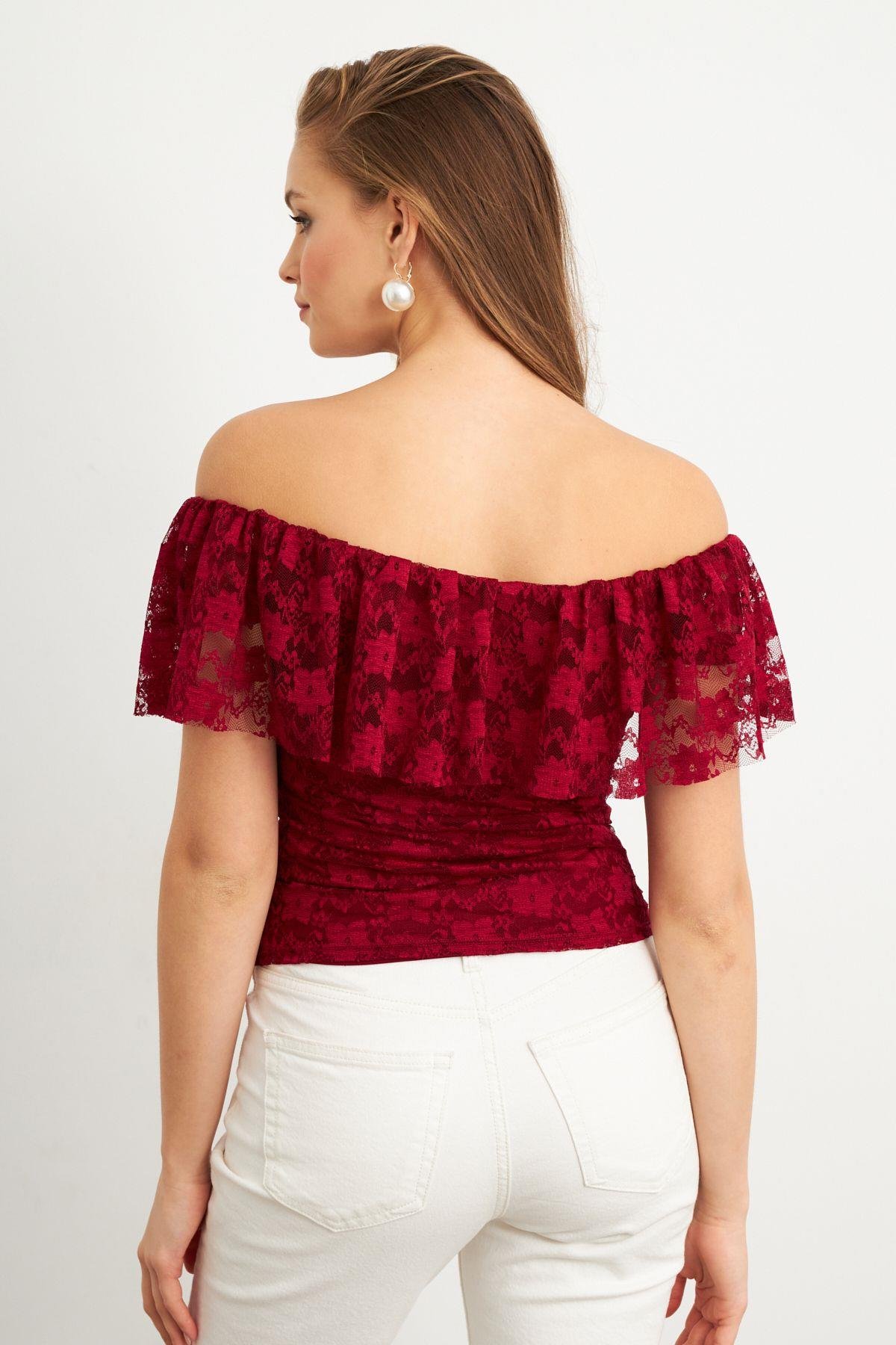Kadın Bordo Madonna Yaka Dantel Bluz MTK13549