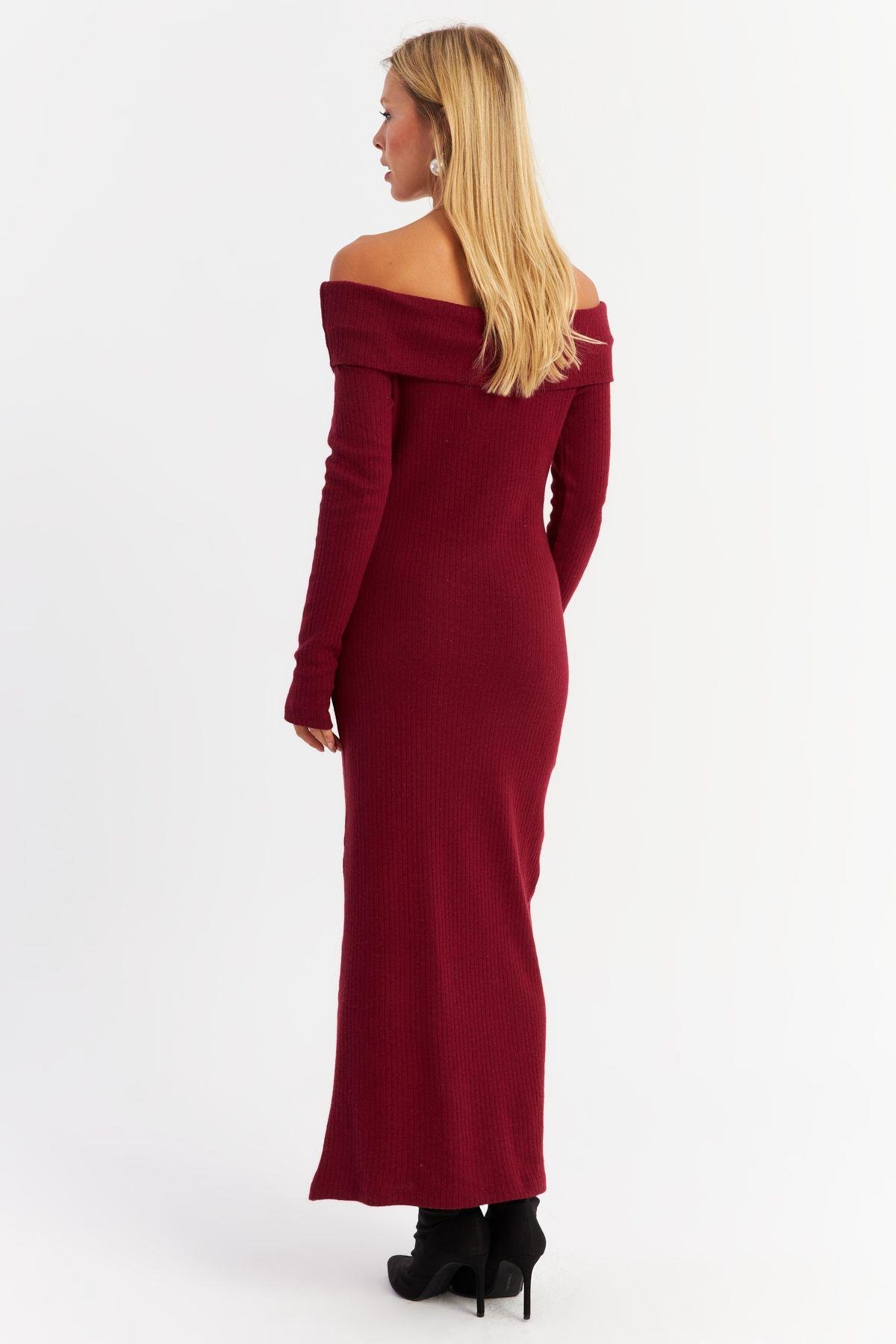 Kadın Bordo Madonna Yaka Kaşkorse Maxi Elbise HOL1