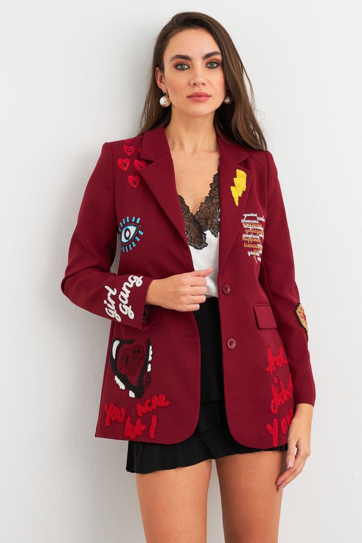 Kadın Bordo Nakışlı Premium Ceket EO100