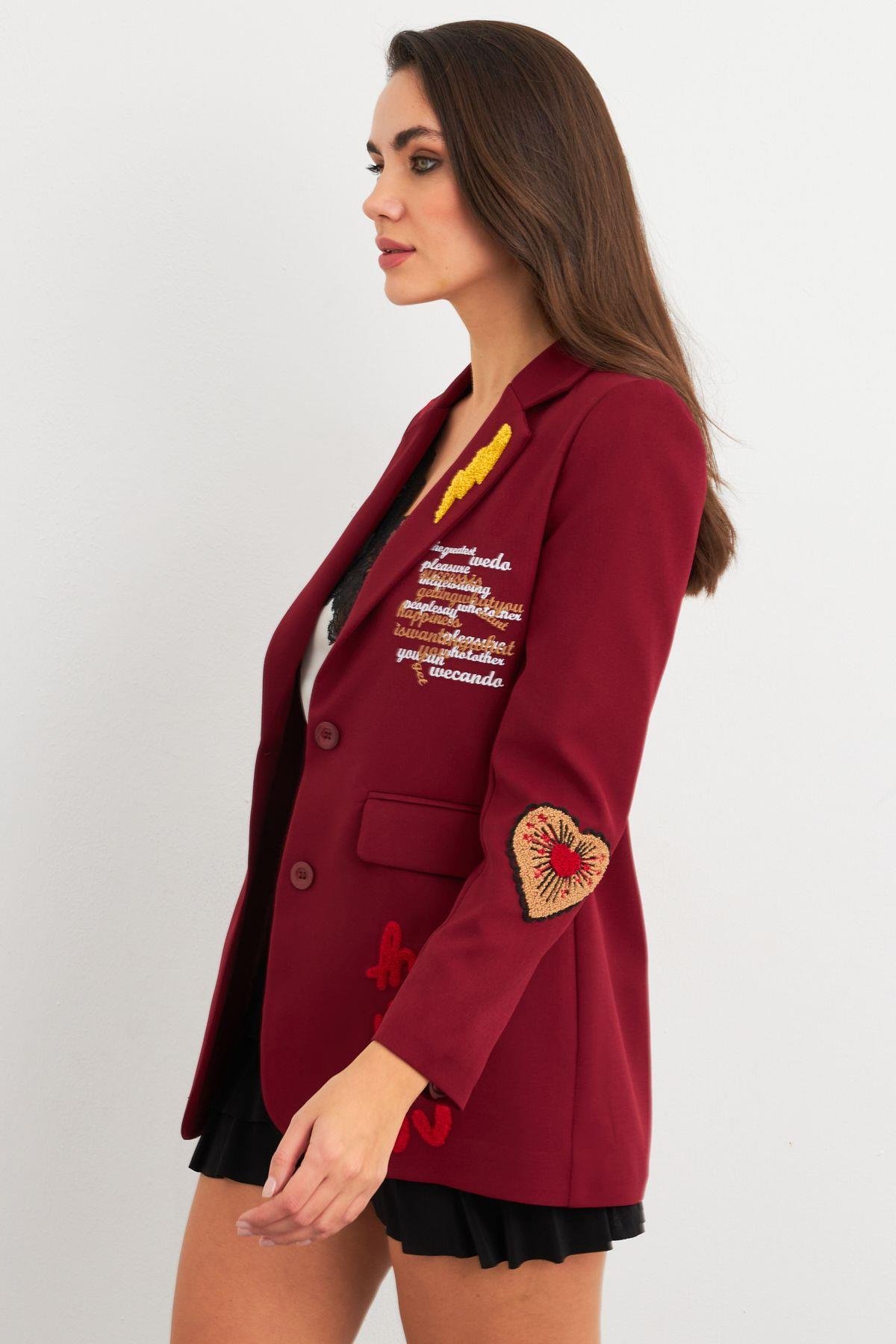 Kadın Bordo Nakışlı Premium Ceket EO100
