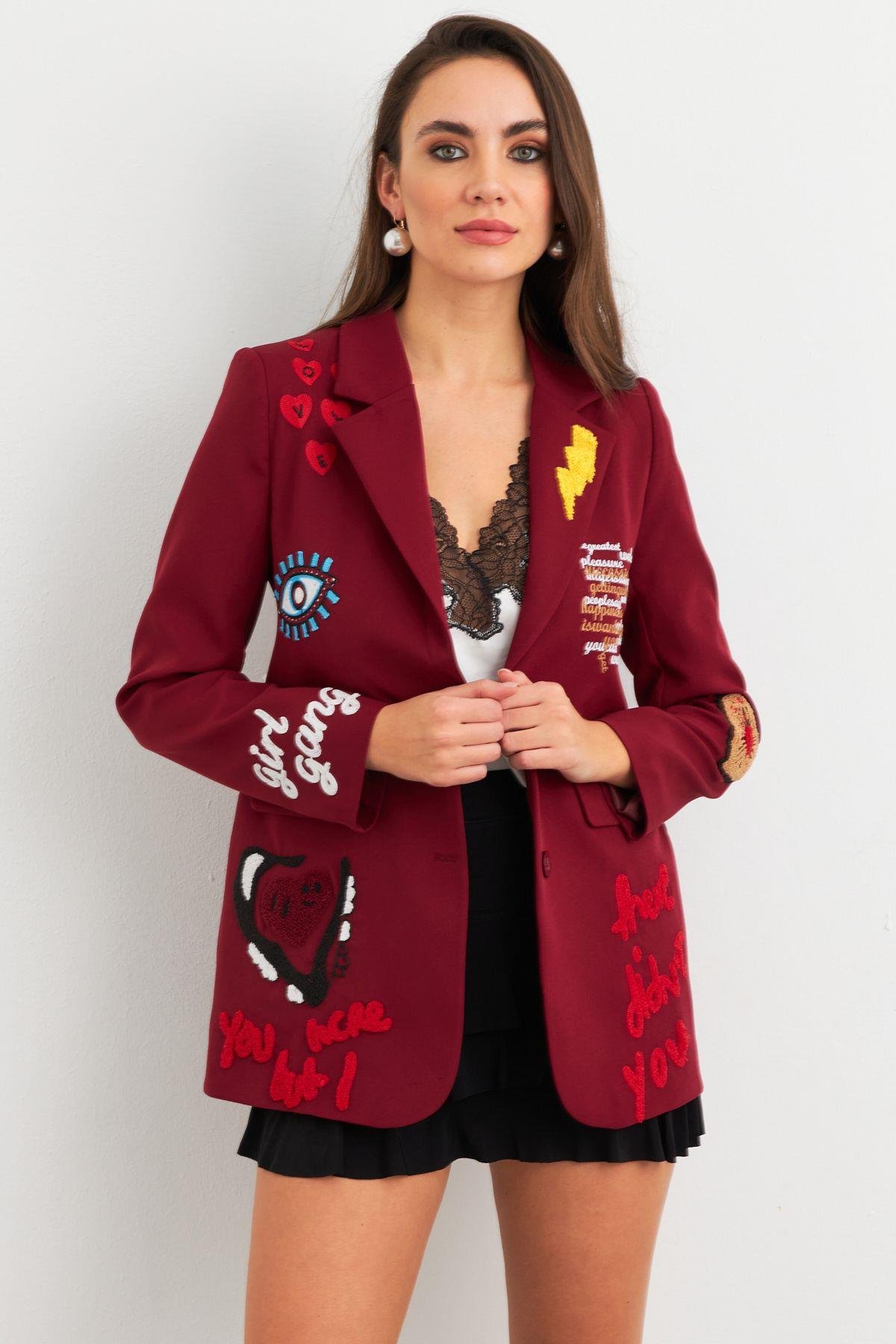 Kadın Bordo Nakışlı Premium Ceket EO100