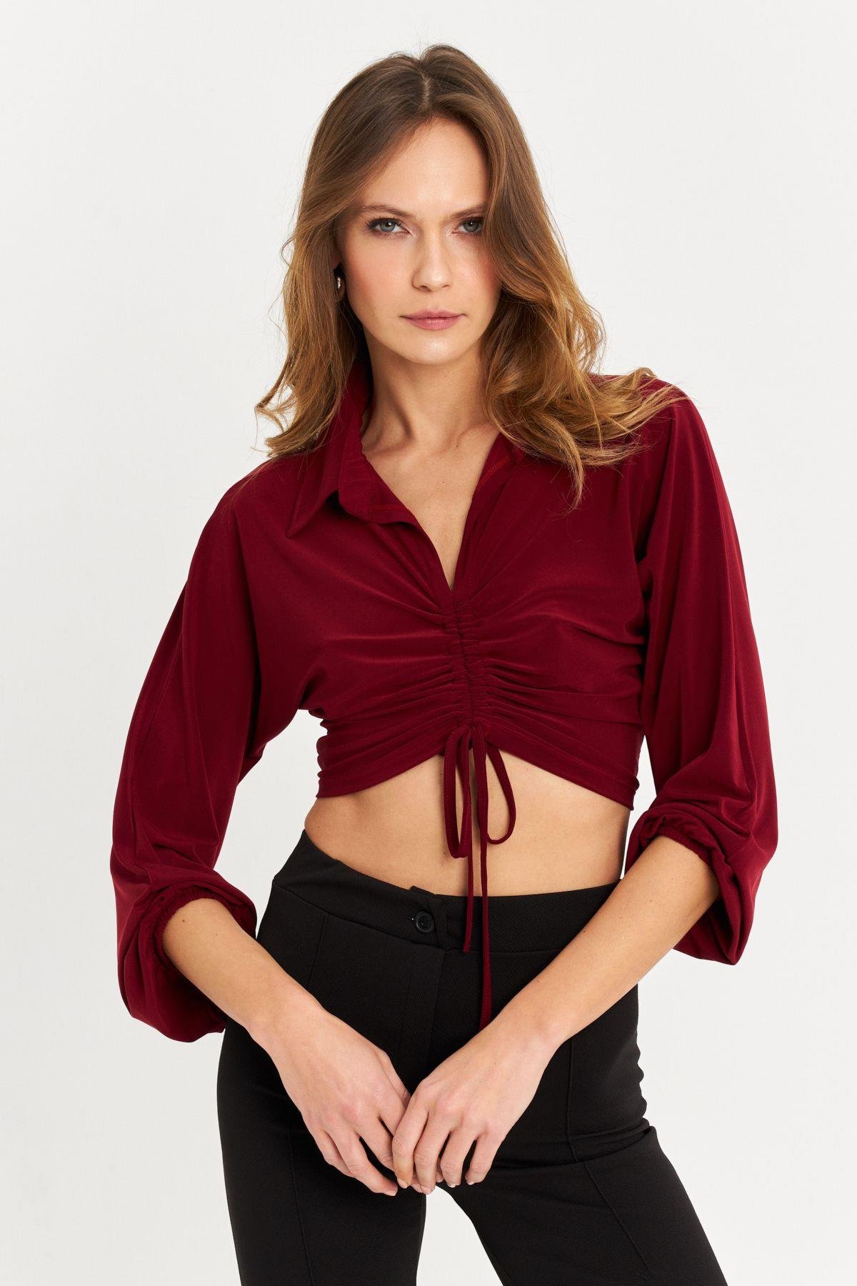 Kadın Bordo Önü Büzgülü Crop Bluz MRS103
