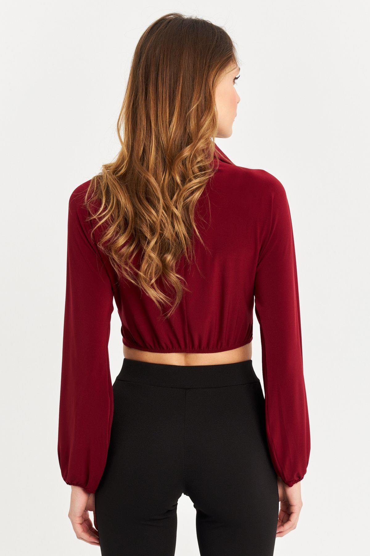 Kadın Bordo Önü Büzgülü Crop Bluz MRS103