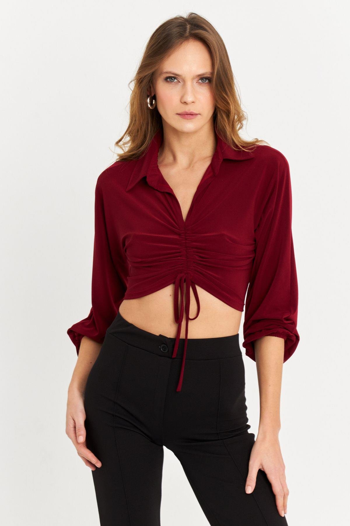 Kadın Bordo Önü Büzgülü Crop Bluz MRS103